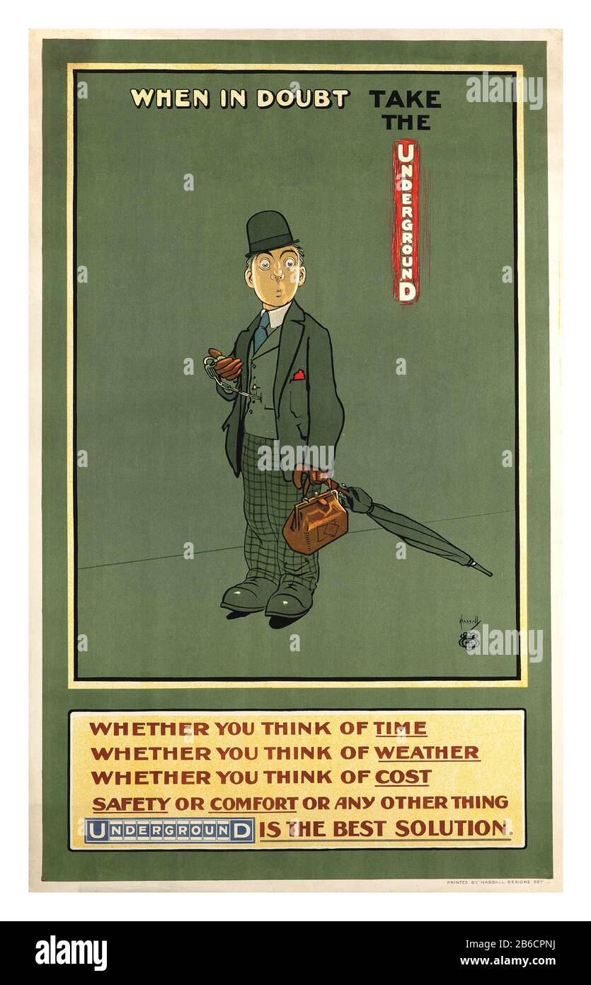 Vintage 1930s London Underground Poster 'WHEN IN DOUBT TAKE THE UNDERGROUND' by artist John Hassall (1868-1948 ) Time Weather Cost The Best Solution Stock Photo