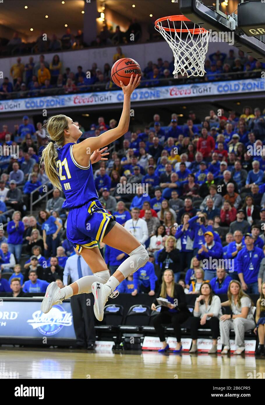 March 10, 2020: South Dakota State Jackrabbits guard Tylee Irwin (21) goes up for a shot during the Summit League women's championship basketball game between the South Dakota State Jackrabbits and the South Dakota Coyotes at the Denny Sanford Premier Center, Sioux Falls, SD. South Dakota defeated South Dakota State 63-58 and move on to the NCAA tournament. Photo by Russell Hons/CSM Stock Photo