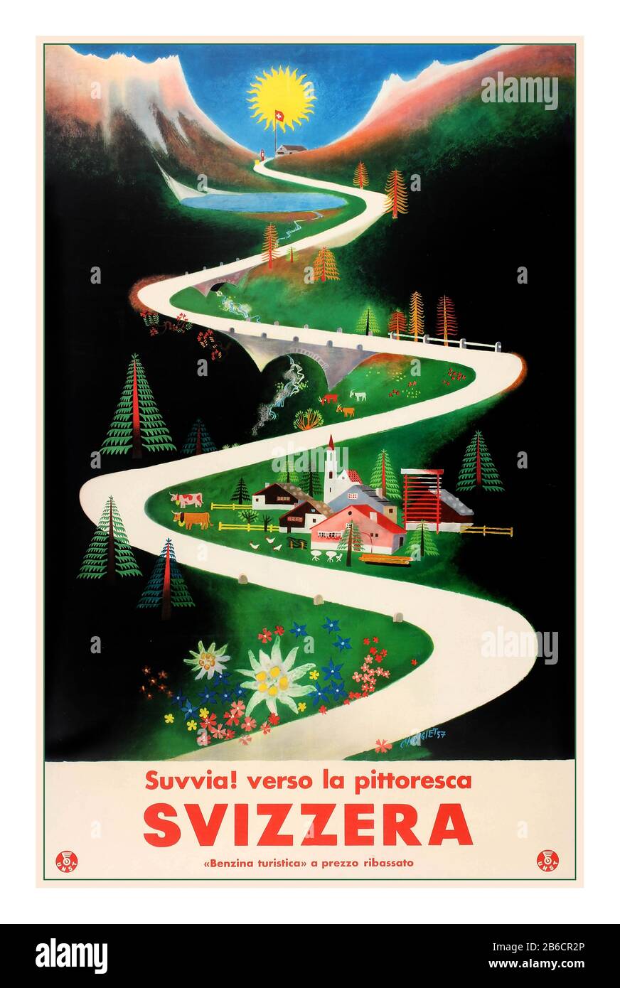 Switzerland Vintage 1950s travel advertising poster in Italian: Come on! To picturesque Switzerland / Suvvia! Verso la pittoresca Svizzera – Benzina turistica a prezzo ribassato. illustration showing a white road winding down a valley from snow topped mountains with a sun behind a Swiss flag leading down between lakes,  Artwork by the Swiss painter and graphic designer, Alois Carigiet (1902-1985). Printed in Switzerland by Ringier & Cie. AG., Zafingen.  Switzerland, 1957, designer: Carigiet, Stock Photo