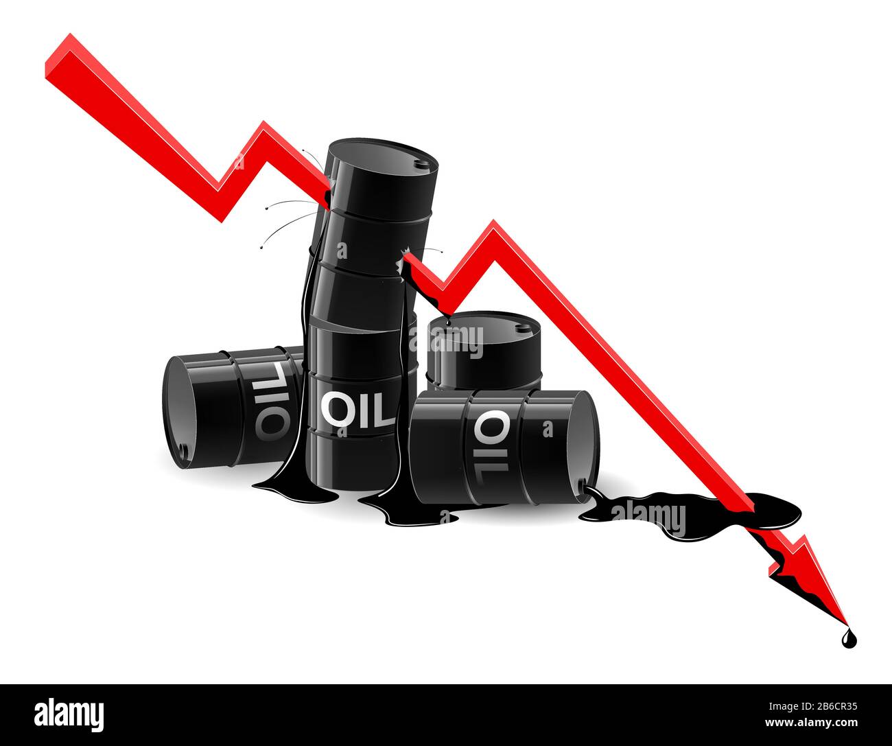 The chart of the fall in the oil price. The line punches through the barrels. Low price. The barrels are falling down. Stock Vector