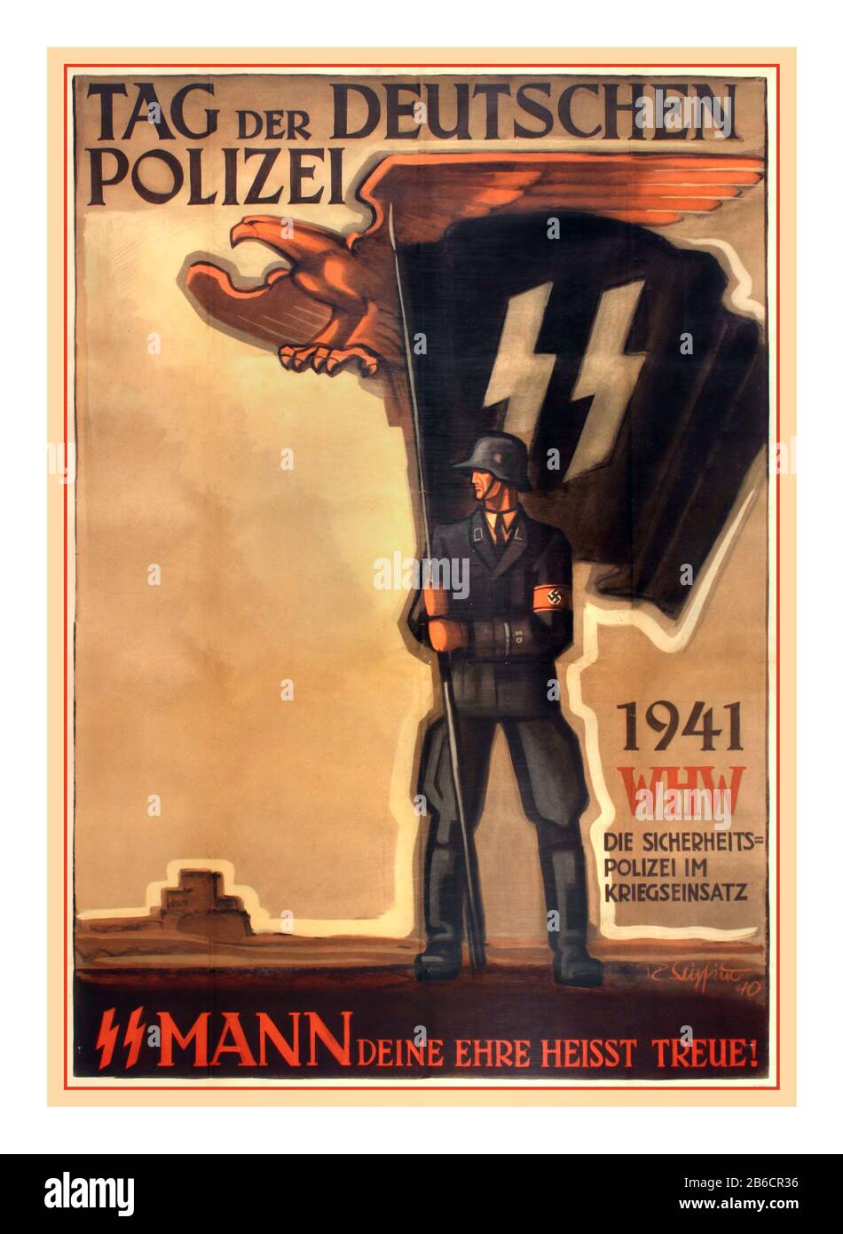Day of the German Police WW2 vintage German Nazi propaganda poster commemorating the Day of the German Police during the Winterhilfswerk program of 1941. Poster showing  SS soldier holding  SS Banner with eagle, symbol of the German empire, depicted in the background. Text reads: Tag der Deutschen Polizei 1941 WHW die sicherheits polizei im kriegseinsatz Mann Deine ehre heisst treue! Day of the German Police. WHW the security police in war operations. Men, your honor means loyalty. The Schutzstaffel was a major paramilitary organization under Adolf Hitler and the Nazi Party (NSDAP) in Nazi Stock Photo
