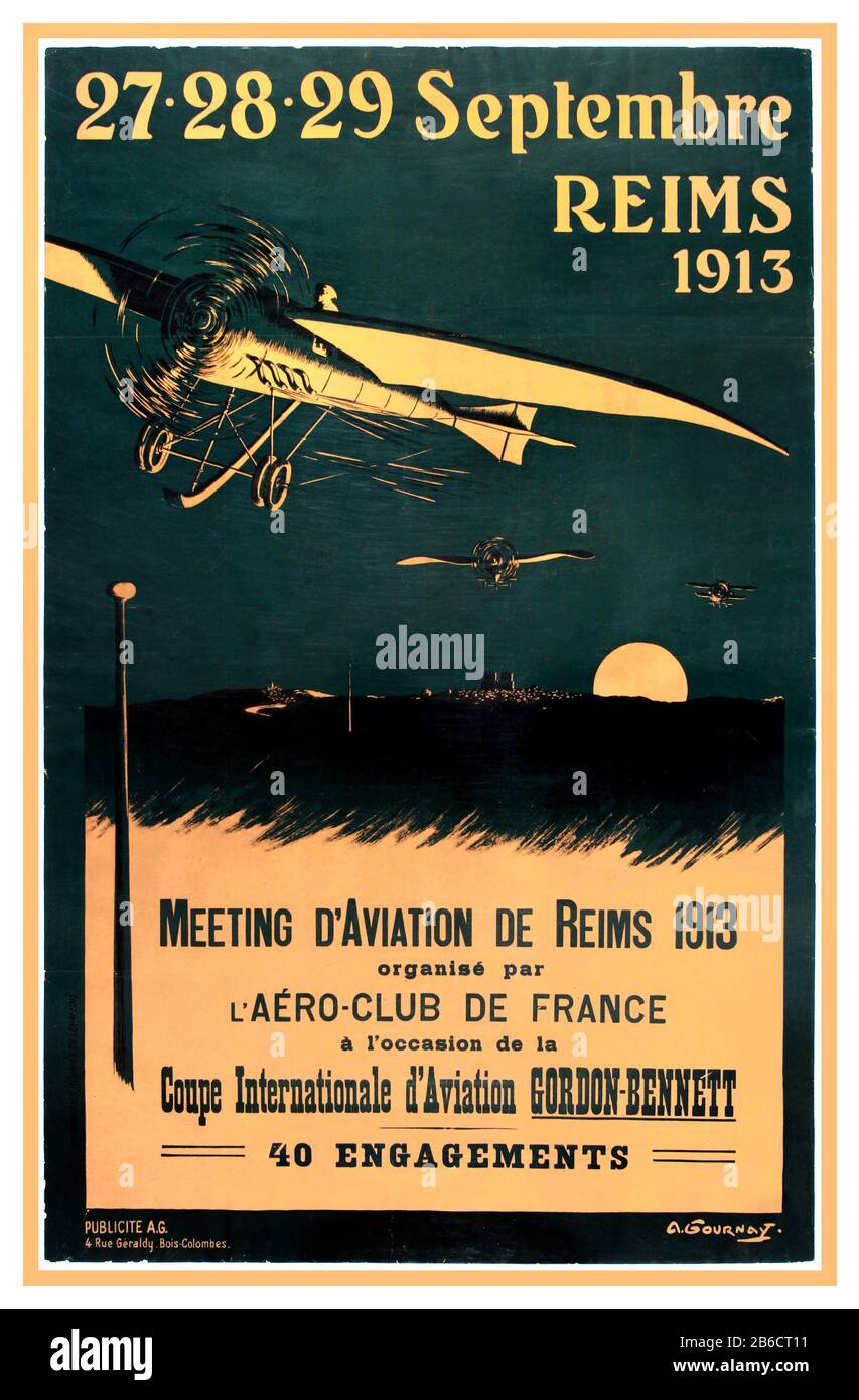 Vintage poster for 1900s Aviation Meeting held in Reims France Septembre 1913  organised by the Aero-Club of France for the International Aviation Cup Gordon Bennett. .Printed by Publicite, A.G. The Gordon Bennett Aviation Trophy was an international airplane racing trophy awarded by James Gordon Bennett Jr., the American owner and publisher of the New York Herald newspaper. Joseph Sadi-Lecointe's victory in 1920 meant that the Trophy became the permanent possession of the Aéro-Club de France. France, 1913, artist designer: A. Gournay, Stock Photo