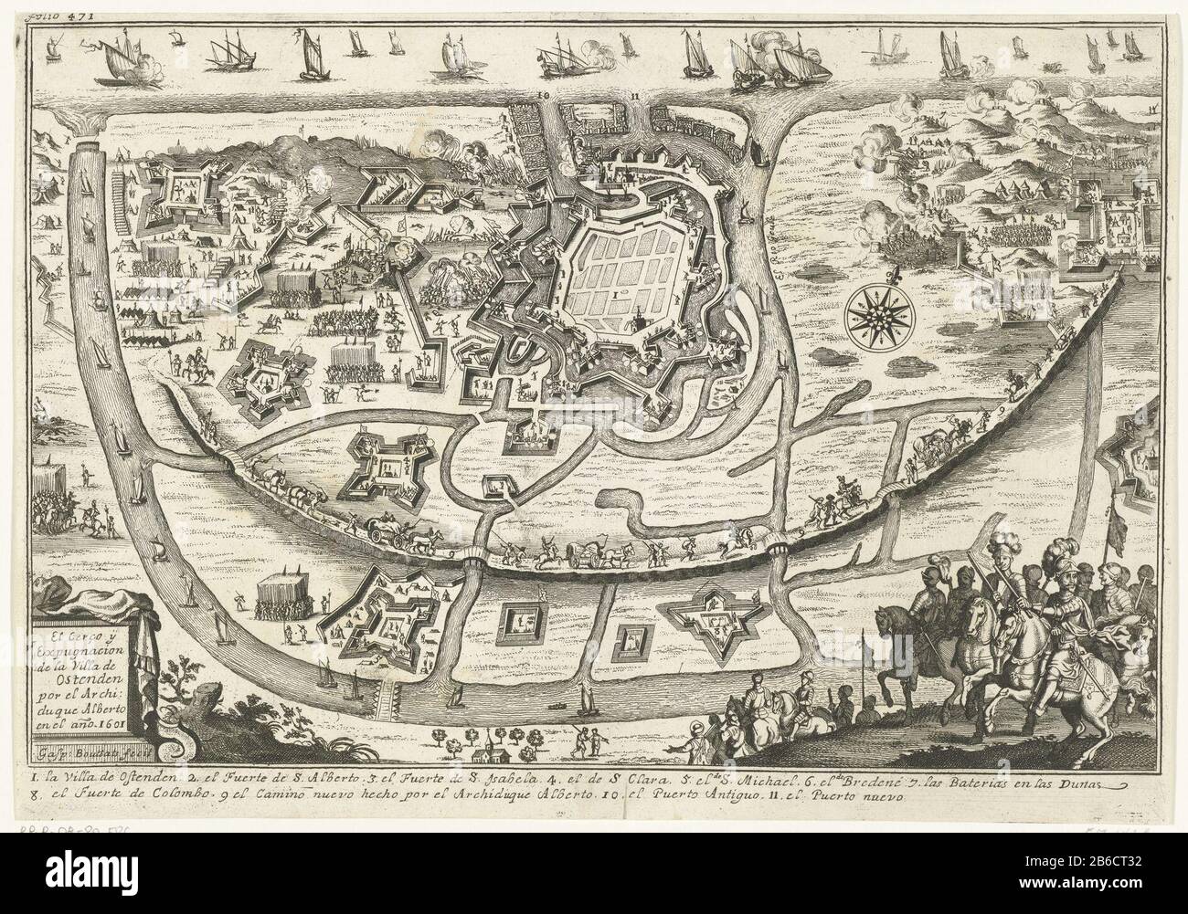 Beleg van Oostende, 1601 the siege and assault and capture of the town of Ostenden by Archduke Alberto in 1601 (op titel object) Siege of Ostend by the Spanish army under Albrecht and later under Spinola from 1601-1604. Plan of the city with the surrounding land with all fortifications and military camps of the besiegers. Bottom left a cartouche with the title and signature. Right in the foreground Spanish riders. In the legend the legend 1-11 in Spaans. Manufacturer : printmaker: Gaspar Bouttats (listed property) Place manufacture: Netherlands Date: 1650 - 1695 Physical features: etching mate Stock Photo