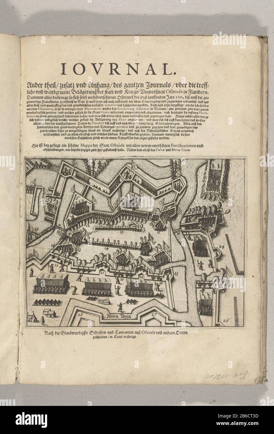 Siege of Ostend title picture with the cutoffs and the New Troy, 1604 Title Print for the second part of the journal with three cuts and the New Troy, 1604. Up to the print title, below the imprint, in German. Part of the illustrations, a journal of the siege of Ostend 1601-1604. Manufacturer : printmaker: anonymous printmaker: Baptista Doetechum (possible) Place manufacture: Netherlands Date: 1604 Physical features: etching with text printing material: paper Technique: etching / printing sizes: plate edge : h 175 mm × W 235 mmblad: h 350 mm × W 240 mmToelichtingOnderdeel of illustrations: Bel Stock Photo