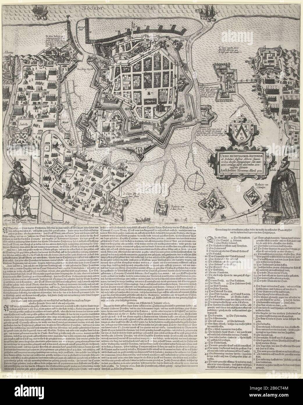 Beleg van Oostende, 1601-1602 The fortified city, Oostende, the Archduke of Austria (now Title op object) Siege of Ostend, 1601-1602Urbis munitissimae, Oostendae, starting Archiduce Austriae Alberto (...) (title object) Object type: picture postcard new picture Item number: RP-P-OB-80.652Catalogusreferentie: FMH 1162 -AaNew Hollstein Dutch 1036-3 (3) Description: Siege of Ostend by Spanish troops under Albrecht in the years 1601-1602. Map of the town's defenses. Topping the sea. Bottom right and left Albert and Isabella. Right a cartouche with the Latin title and the city arms. Down glued to p Stock Photo