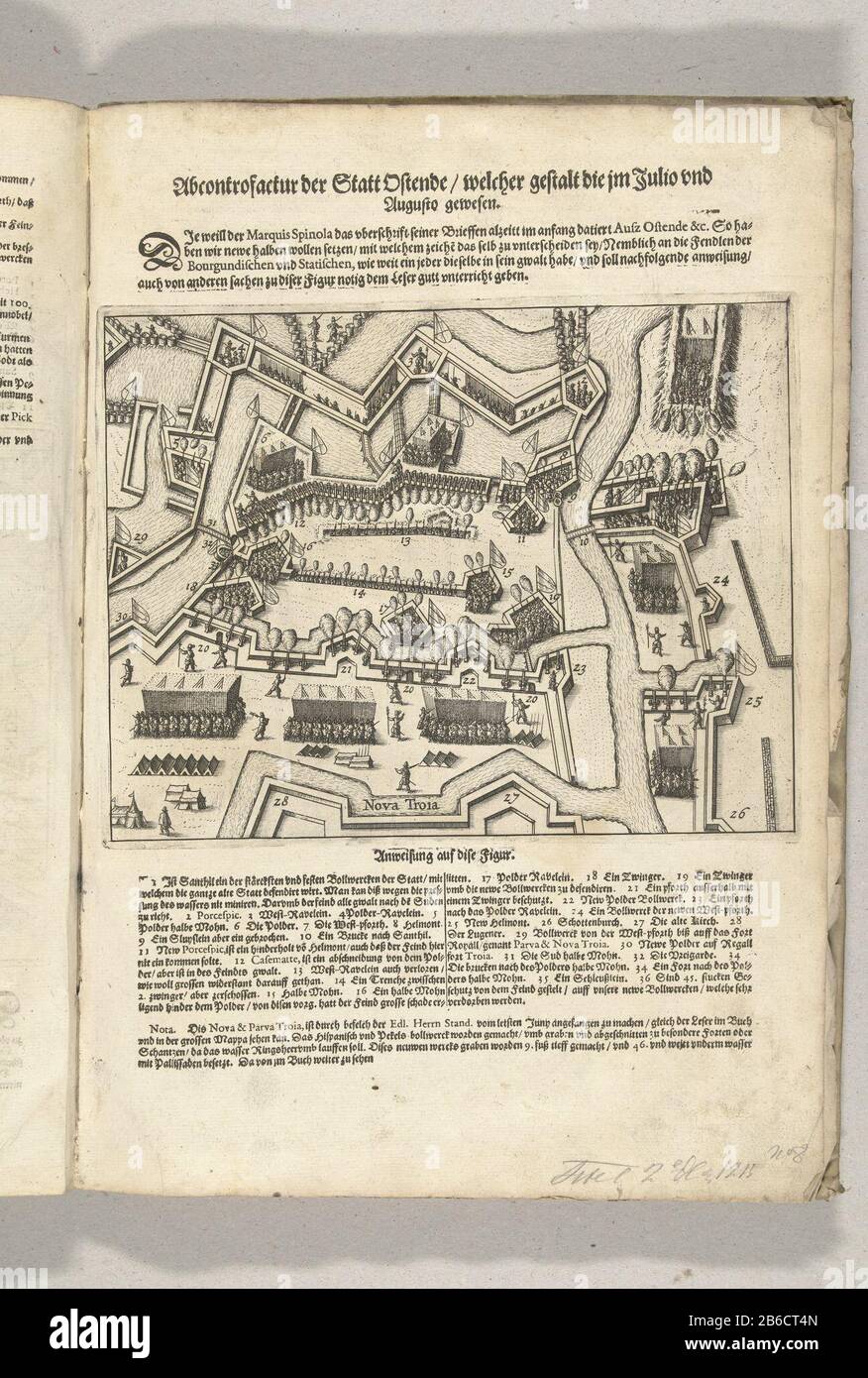Siege of Ostend the cutoffs and the New Troy, 1604 Abcontrofactur der Statt Ostende welcher Gestalt und im Julio Augusto gewesen (title object) Siege of Ostend: the cutoffs and the New Troy, the situation in July-August 1604. Up to the print title, underneath the description in German. Part of the illustrations, a journal of the siege of Ostend 1601-1604. Manufacturer : printmaker: anonymous printmaker: Baptista Doetechum (possible) Place manufacture: Netherlands Date: 1604 Physical features: etching with text printing material: paper Technique: etching / printing sizes: plate edge : h 175 mm Stock Photo