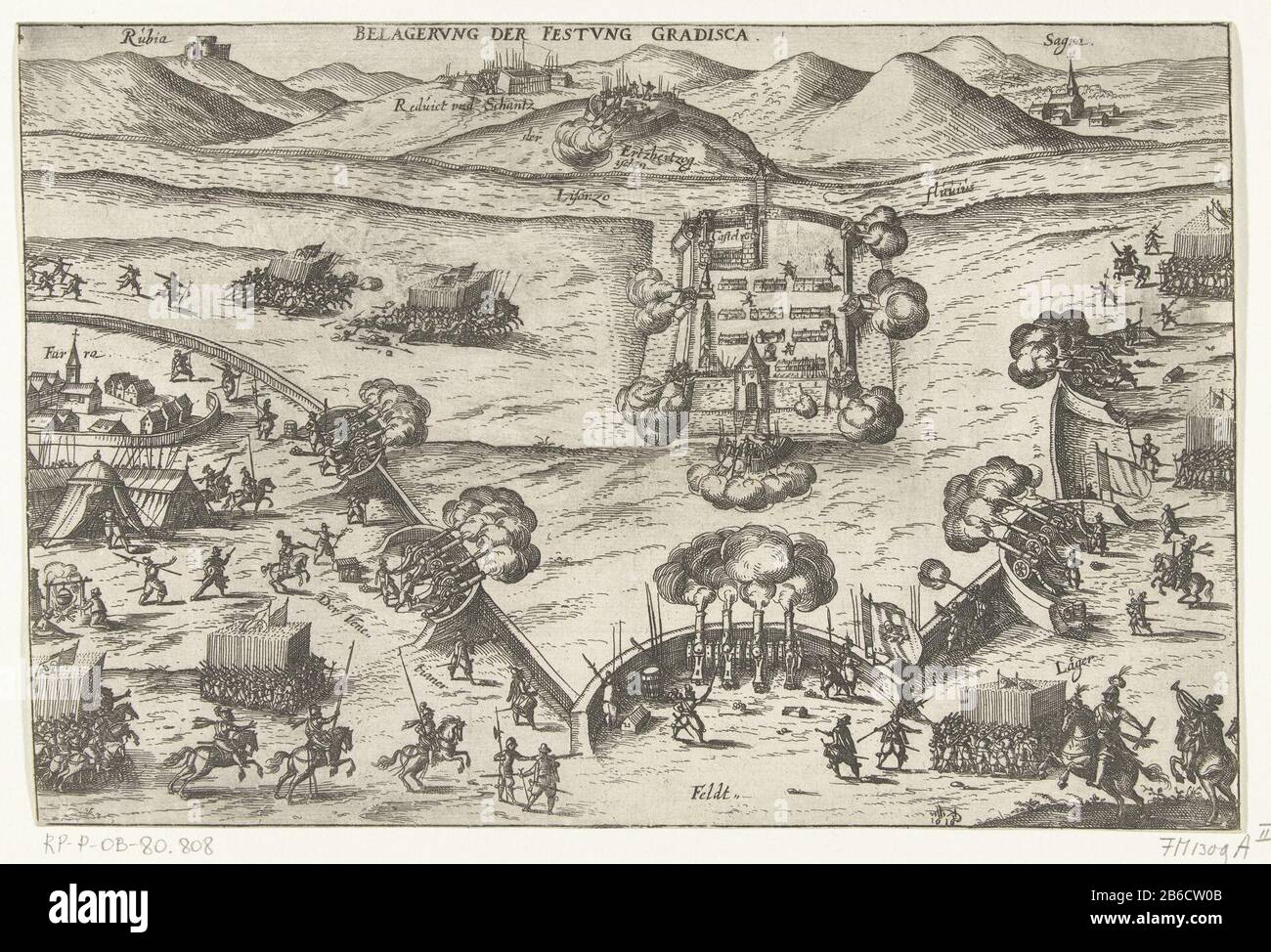 Document van de vesting Gradisca, 1616 siege of the fortress of Gradisca (titel op object) Siege of the fortress Gradisca, on the river Livenzo over Venice, the troops under Johan Ernst I, Count of Nassau-Siegen, 1616. Manufacturer : printmaker: Georg Keller Place manufacture: Germany Date: 1616 Physical features: etching material: paper Technique: etching dimensions: sheet: h 191 mm × W 285 mm Subject : siege, when war of 1616 - 1616 Stock Photo