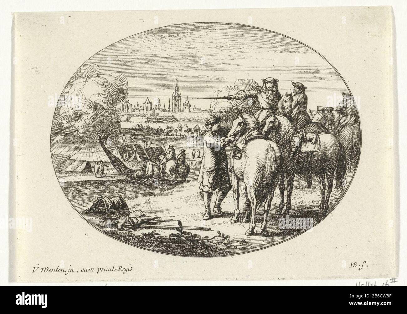 Siege of a city military scenes from the life of Louis XIV, king of France  (series title) Right riders and horses, one rider points. Left a camp, guns  and on the horizon