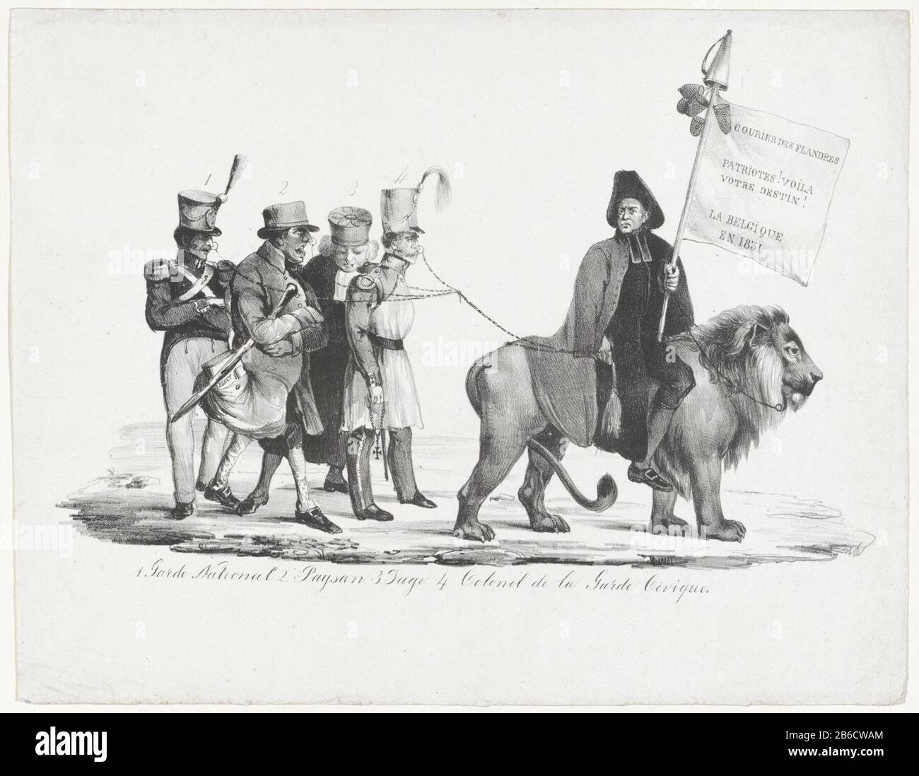 Cartoon on the political situation in Belgium under French protection in  1831. A Jesuit riding Belgian lion performs chained to the nose after him,  the representatives of the different Belgian groups: National