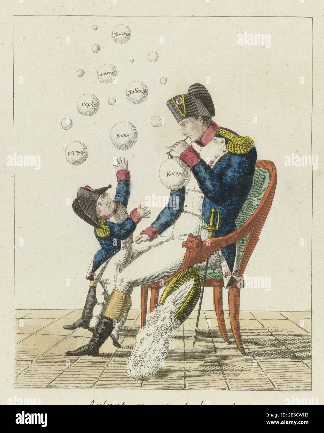 Bellenblazende Napoleon, 1813 Gone with the Wind (op titel object) Cartoon on the fall of Napoleon. Emperor Napoleon blows bubbles sitting in a chair for his son Napoleon French Charles Joseph Bonaparte (King of Rome). The child reaches for the bubble 'Rome'. During the blowing of a large soap bubble 'Europe' the bin falls with soapy water of the chair on the grond. Manufacturer : print maker: anonymous Date: 1813 - 1814 Physical characteristics: etching, with the hand-colored material: paper Technique: etching / hand-color dimensions: plate edge: h 160 mm × W 130 mm Subject: bubble-blowing (c Stock Photo