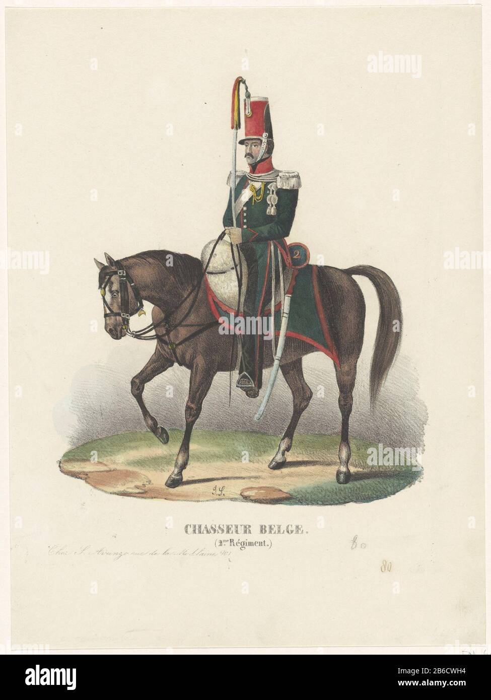 A Belgian volunteer hunter of the 2nd Regiment, in 1830, on horseback. Part of a group of representations of Belgian uniformen. Manufacturer : printmaker unknown (listed building) button S. Avanzo & Cie (listed property) Place manufacture: printmaker: Belgium Publisher: Brussels Date: 1830 - 1831 Physical: a. Lithograph, with the hand colored material: paper technique: lithography (technique) / hand-color measurements: sheet: 300 mm × h 222 b mmToelichtingGesigneerd: JL or JS Not Frederik Muller; added by RPK nummer. Subject (military) uniform clothes, costume Belgian Revolution When: 1830 - 1 Stock Photo