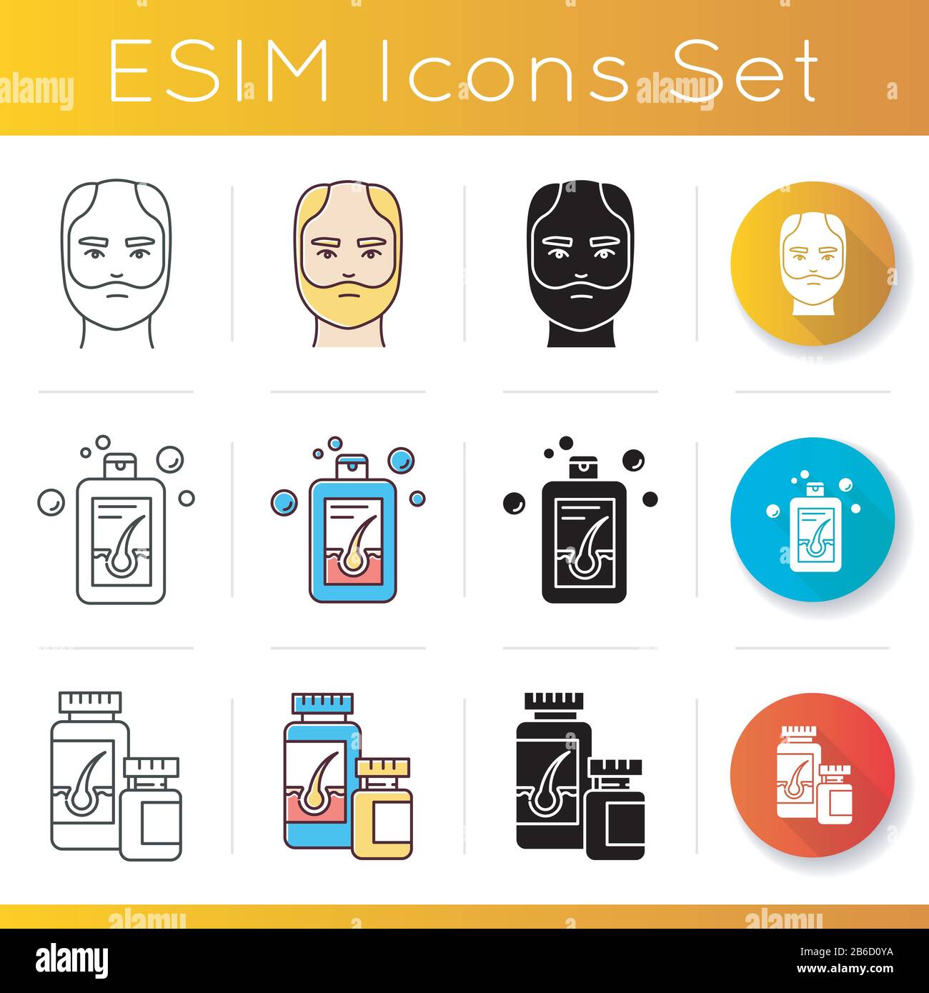 Hair loss icons set. Man with alopecia. Shampoo for hairloss problem. Pharmaceutical haircare. Medical drug and pills. Linear, black and RGB color Stock Vector