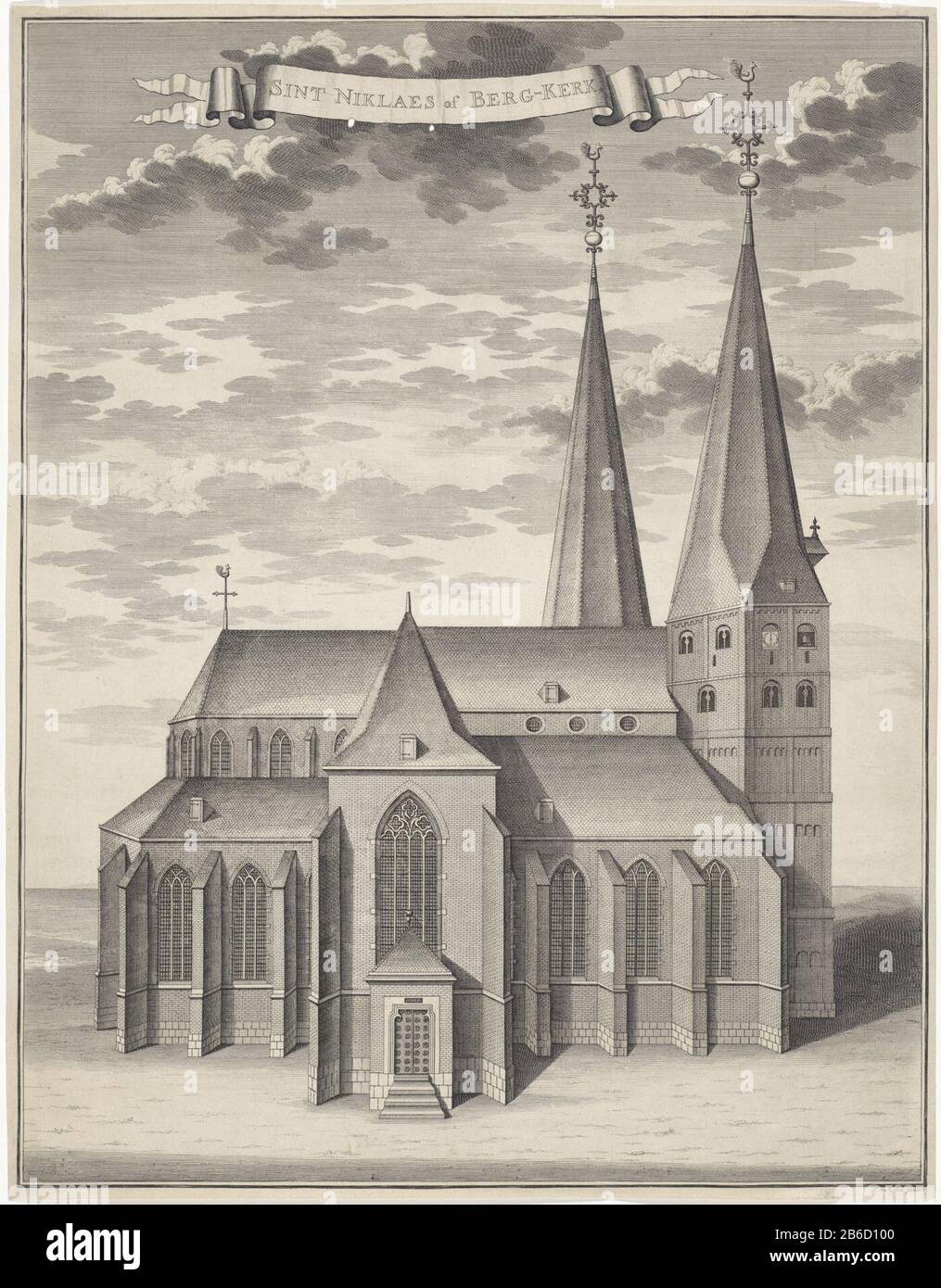 Bergkerk Deventer St. Niklaes or Mountain Church (title object) Side view of Bergkerk Deventer. Above the church a spell bond with the names of the kerk. Manufacturer : printmaker: Joost van Sassen (listed property) Place manufacture: Amsterdam Date: 1710 - 1736 Physical features: car material: paper Technique: engra (printing process) Dimensions: sheet: H 530 mm b × 410 mm Subject: church (exterior) Where: Bergkerk Stock Photo