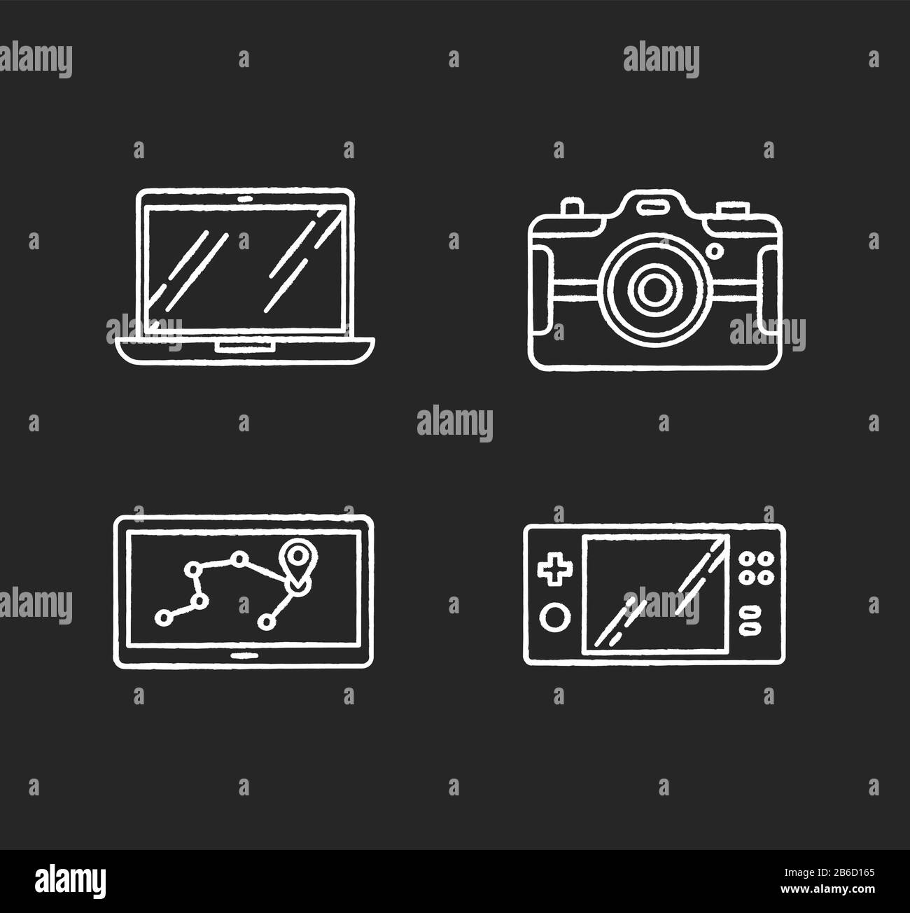 Mobile devices chalk white icons set on black background. Electronic gadgets. Navigation assistant, game console. Laptop, photo camera. Compact Stock Vector