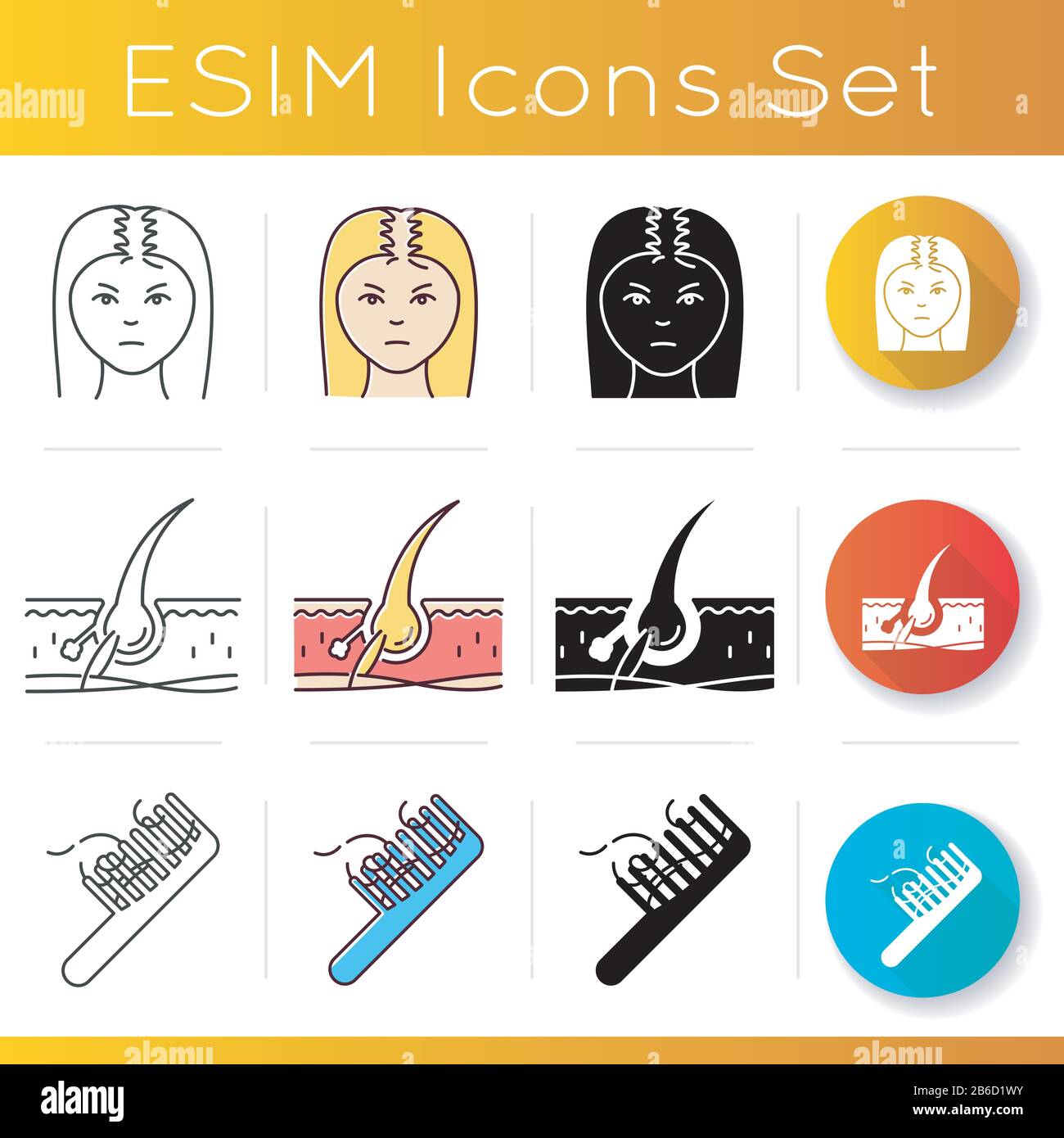 Hair loss icons set. Damaged hair root. Female hairloss. Haircare and  dermatology. Сomb with hair strands. Hairbrush, beauty. Linear, black and  RGB Stock Vector Image & Art - Alamy