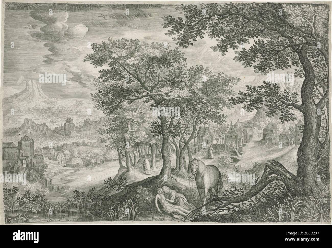 Mountain landscape with the Good Samaritan Mountain landscape with scattered groups of houses. In the foreground tilt the Good Samaritan, the wounded traveler on the ground to put him on his horse. Between the trees run the Levite and the priest, figures that the traveler to his fate overlieten. Manufacturer : printmaker Jan van Londerseel (listed building), designed by Gilles of Coninxloo (II) (listed building) publisher Claes Jansz . Visscher (II) (listed building) Place manufacture: Amsterdam Date: 1601 - 1652 Physical features: car material: paper Technique: engra (printing process) Dimens Stock Photo