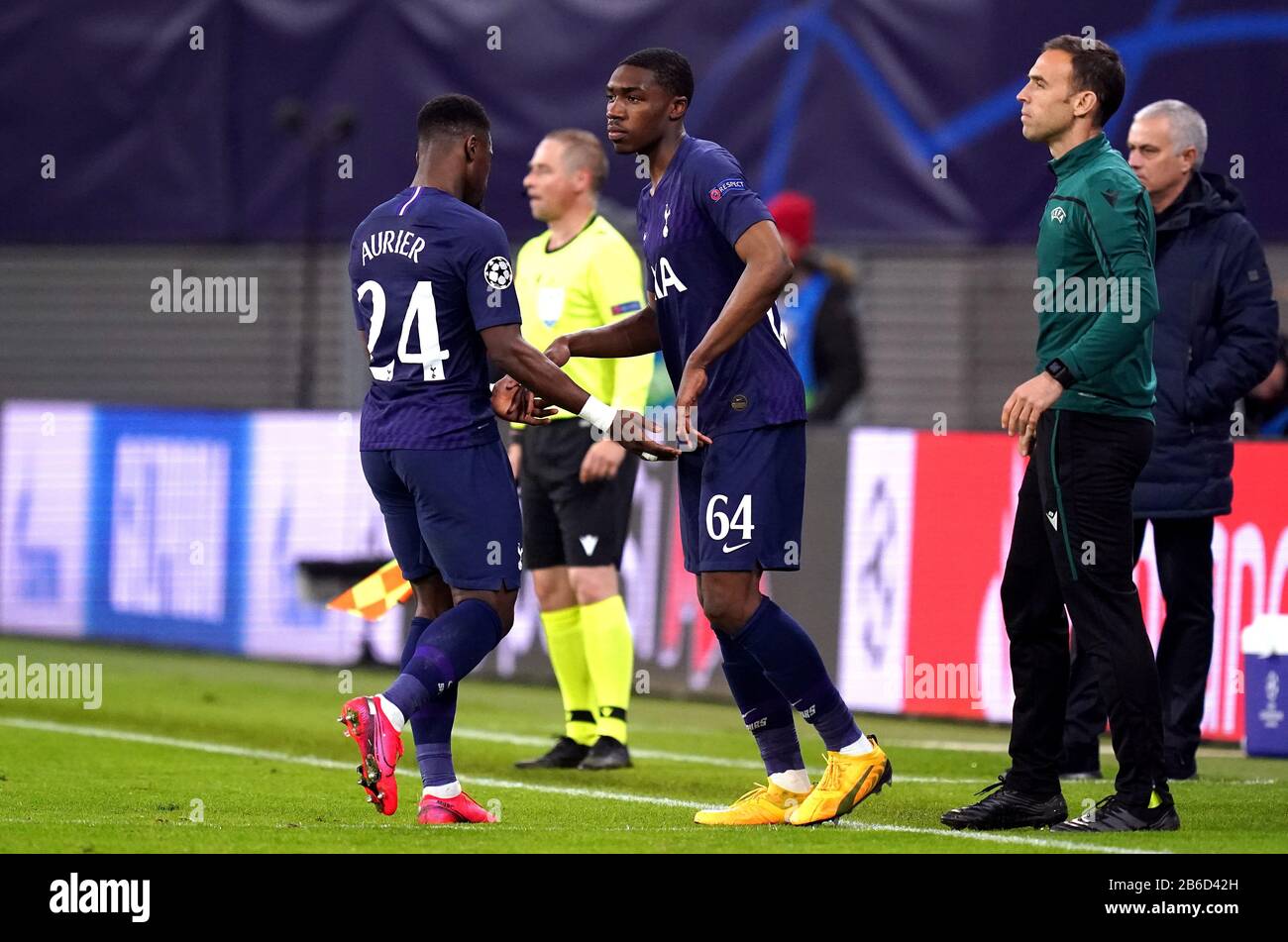 Tottenham Hotspur's Serge Aurier (left) is substituted for Malachi Walcott during the UEFA Champions League round of 16 second leg match at the Red Bull Arena, Leipzig. Stock Photo