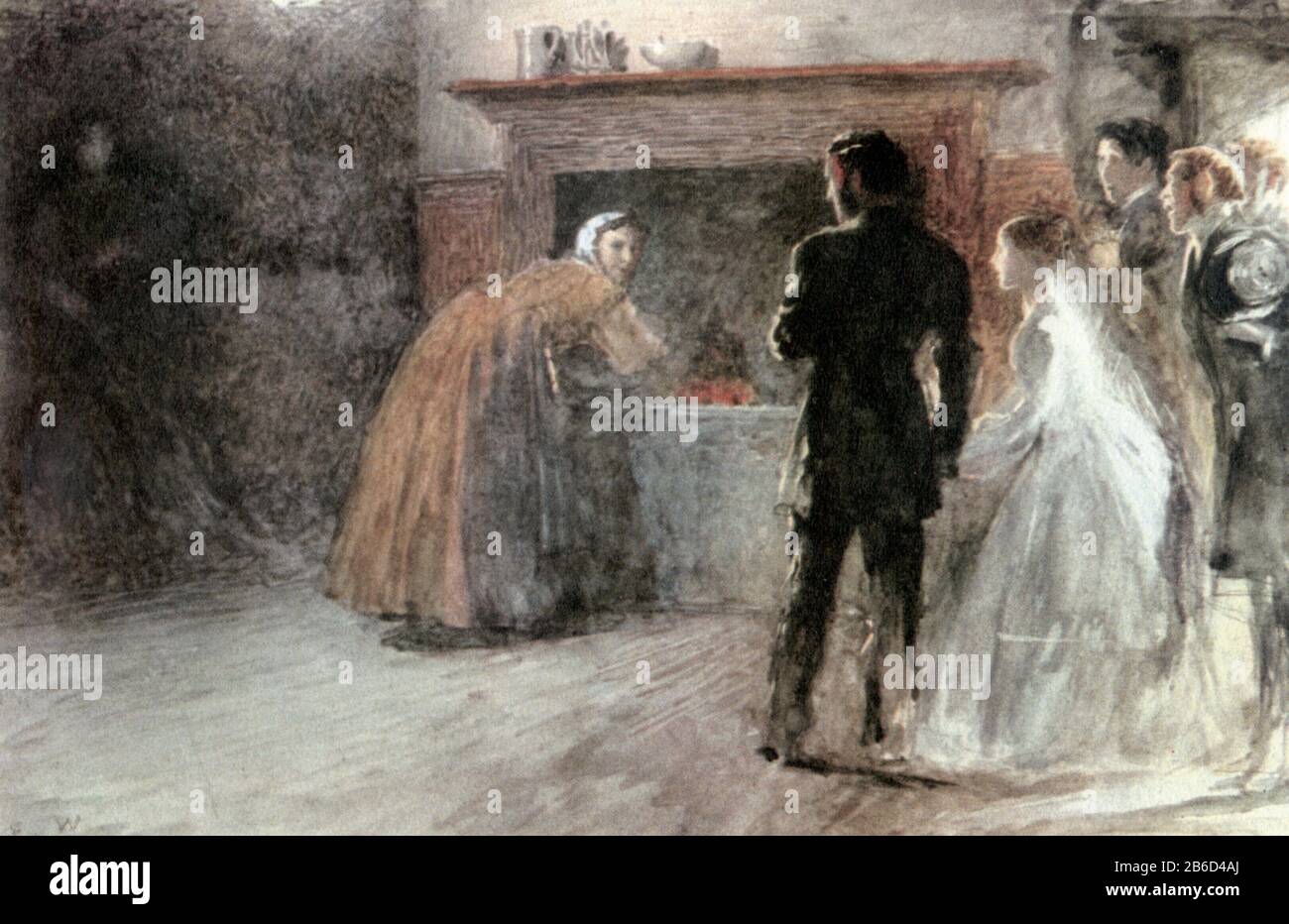 Jane Eyre and Edward Rochester are met by Mrs Fairfax as they arrive at Thornfield Hall to visit the mad woman after their interrupted marriage ceremony. 19th century. By Frederick Walker (1840-1875). Illustration to Jane Eyre by Charlotte Bronte. Jane Eyre (originally published as Jane Eyre: An Autobiography) is a novel by English writer Charlotte Brontë, published under the pen name Currer Bell, 16th October 1847, by Smith, Elder & Co. of London. Stock Photo