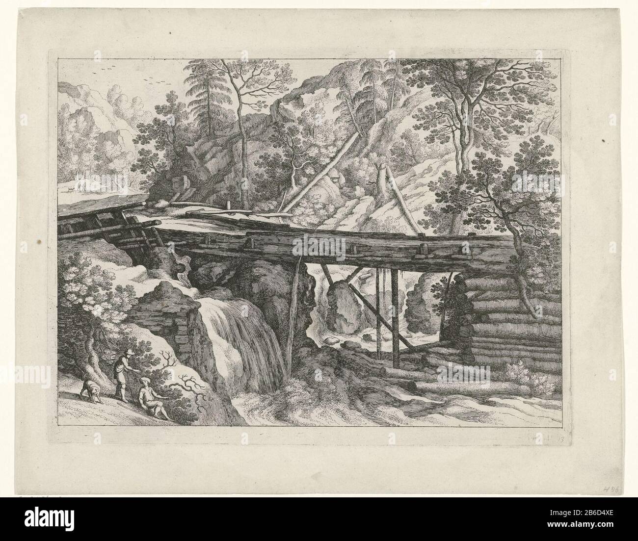 Mountain landscape with wooden aqueduct Italian landscapes (series title) a  wooden aqueduct across a stream in a mountain landscape. Left beside the  aqueduct waterfall, bottom left two men and a dog. Print