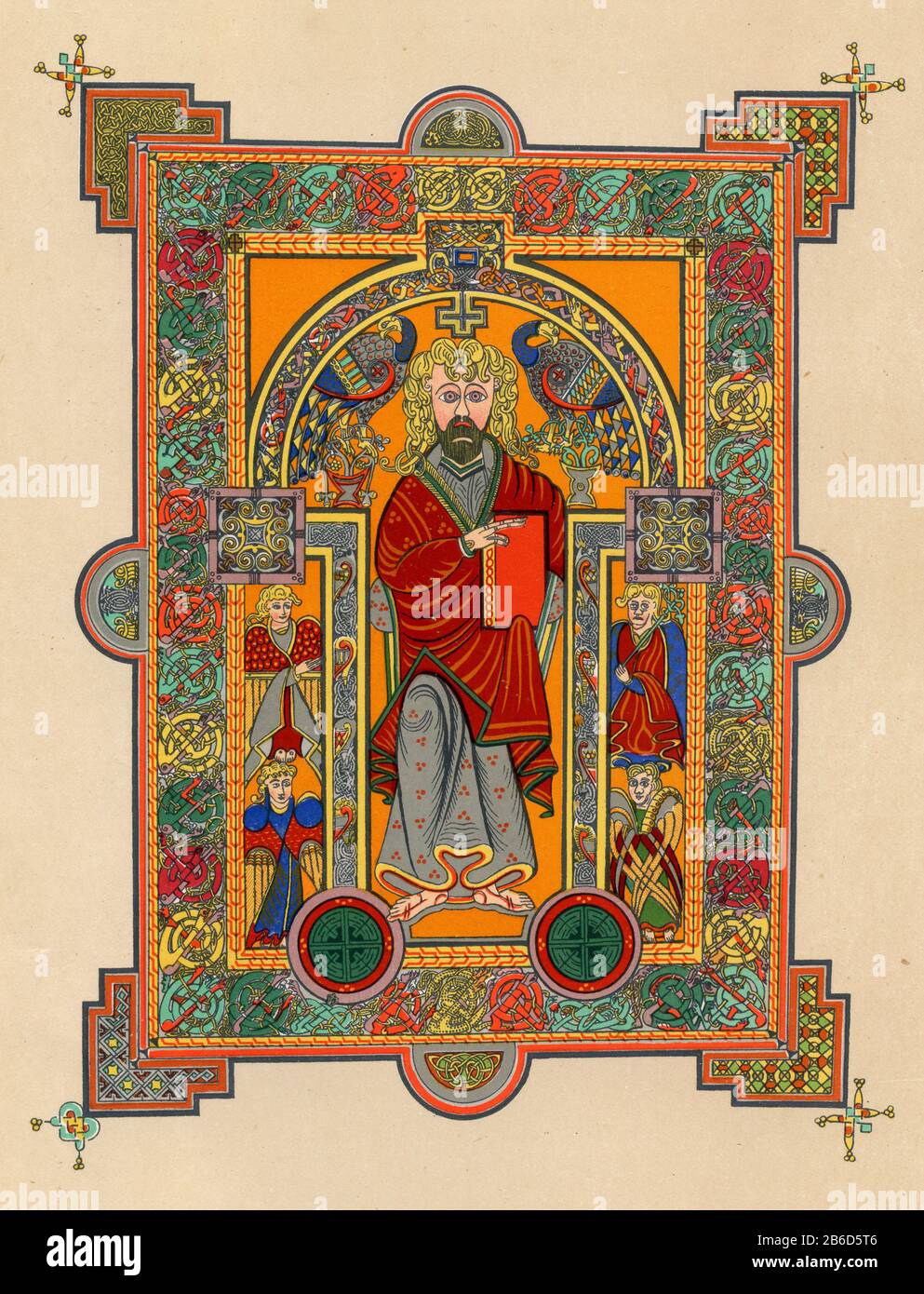 The Book of Kells: Christ holding a Gospel book, c800. Here we see Christ seated on a throne, flanked by peacocks, symbols of his resurrection due to the belief that their flesh did not rot. Stock Photo