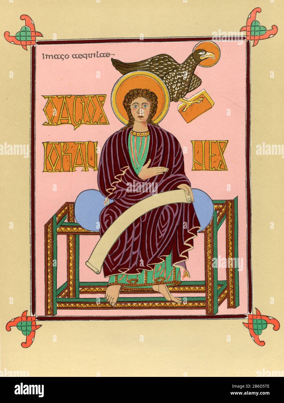 St John the Evangelist: from the Lindisfarne Gospels, c720. By Eadfrith of Lindisfarne (d721). The Lindisfarne Gospels is an illuminated manuscript gospel book produced in the monastery at Lindisfarne, off the coast of Northumberland, England. The manuscript is one of the finest works in the unique style of Hiberno-Saxon or Insular art and combines Mediterranean, Anglo-Saxon and Celtic elements. London, British Library Cotton MS Nero D.IV. Stock Photo