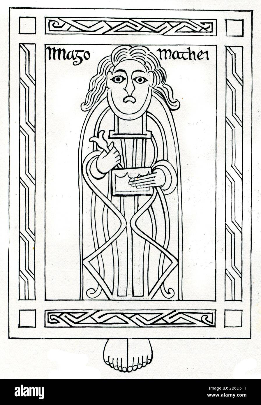 Saint Matthew, from the Cadmug Gospel, 8th century. The Cadmug Gospel (Codex Bonifatianus III) is an early medieval codex of religious texts, now in Fulda in Germany, which is closely associated with Saint Boniface (d754). The Cadmug Gospel (Codex Bonifatianus III) is one of three 'Bonifatian' books, a set of three manuscripts traditionally considered to have been in the possession of Saint Boniface. Stock Photo