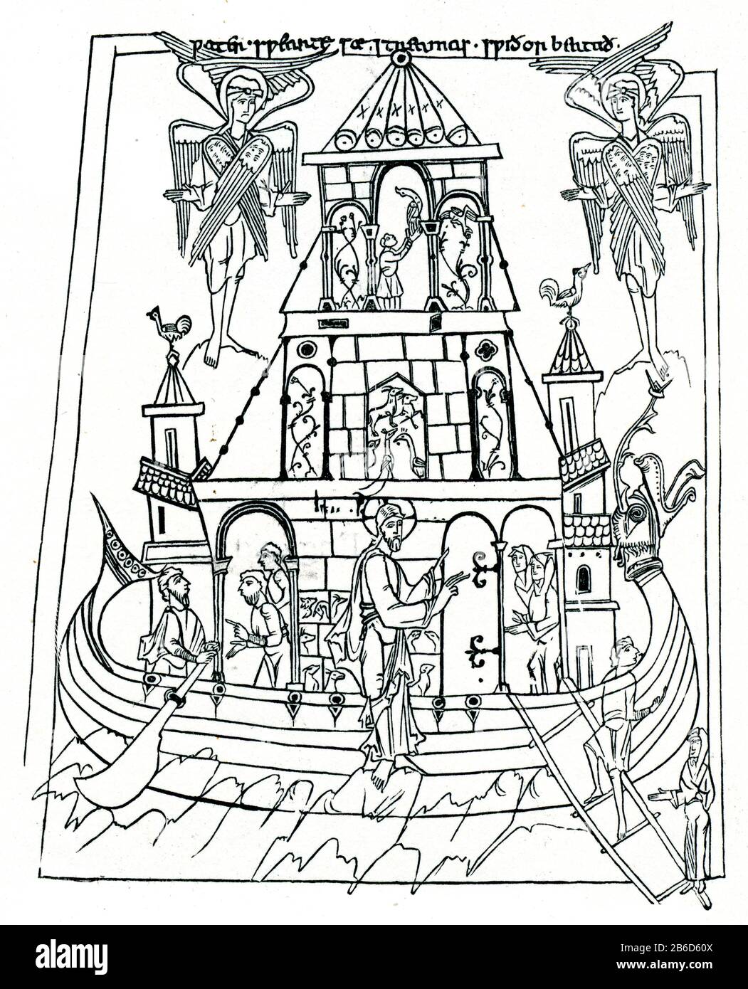 Noah's Ark from the Junius manuscript (Cædmon manuscript), 10th century. The Junius manuscript is one of the four major codices of Old English literature. It contains poetry dealing with Biblical subjects in Old English, the vernacular language of Anglo-Saxon England. The manuscript is made of four poems which have been given the titles Genesis, Exodus, Daniel, and Christ and Satan. For a long time, scholars believed them to be the work of Cædmon. However, this theory has been discarded due to the significant differences between the poems. MS Bodl. Junius II. Stock Photo