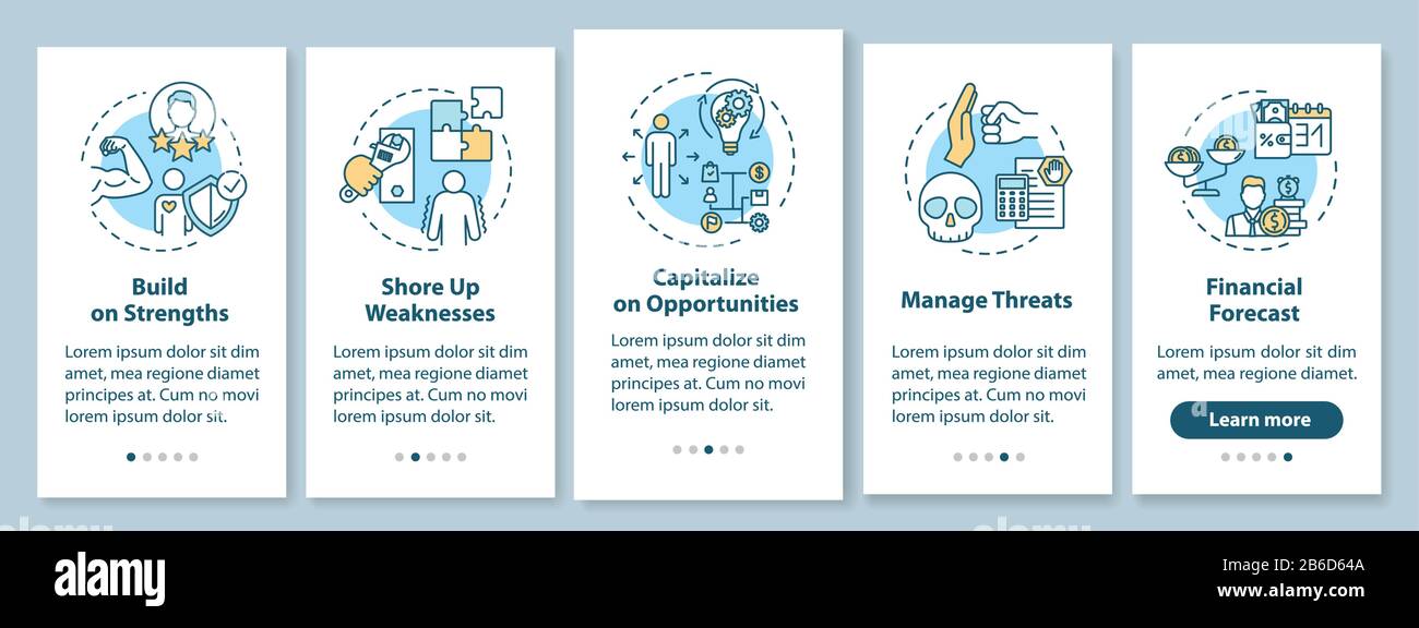 SWOT onboarding mobile app page screen with concepts. Managing threats ...