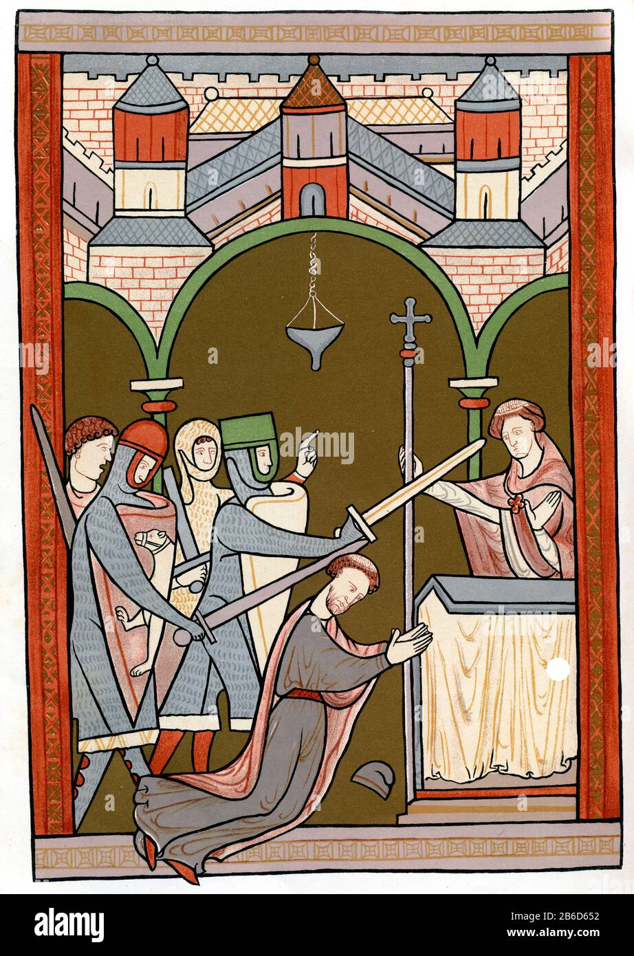 Martyrdom of St Thomas, early 13th century. MS. Harl 5102 (British Library). Thomas Becket, also known as Saint Thomas of Canterbury, Thomas of London and Thomas à Becket (c1119-1170). Becket was Archbishop of Canterbury from 1162 until his murder in 1170. This is the earliest known portrayal of Thomas Becket's murder in Canterbury Cathedral. Stock Photo