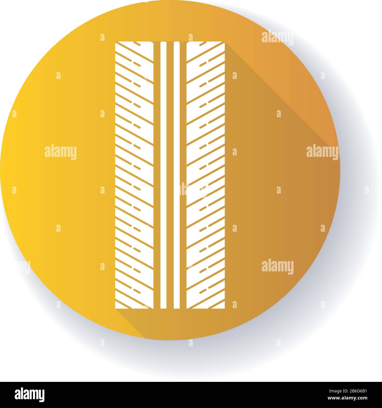 Tire tread yellow flat design long shadow glyph icon. Detailed automobile, motorcycle tyre marks. Directional car wheel trace with thin grooves Stock Vector