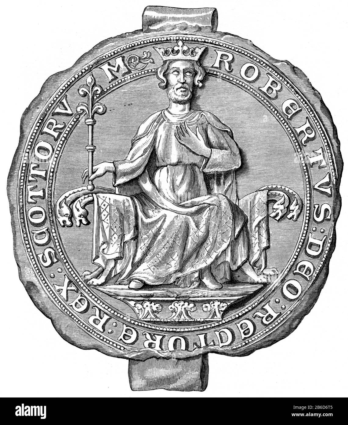 Seal of Robert Bruce, King of Scots, 14th century. King Robert I (1274-1329), popularly known as Robert the Bruce, was King of Scots from 1306 until his death in 1329. Robert I led Scotland during the Wars of Scottish Independence. Stock Photo