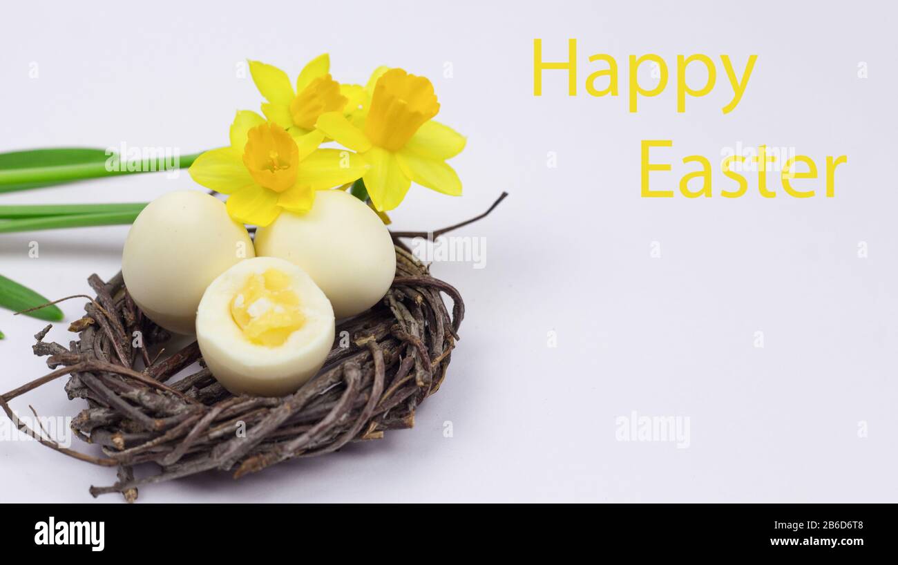 Easter eggs. Happy easter card. Easter eggs on a white wooden background. Easter background. Easter eggs. Easter card. Easter greetings. Happy easter. Stock Photo