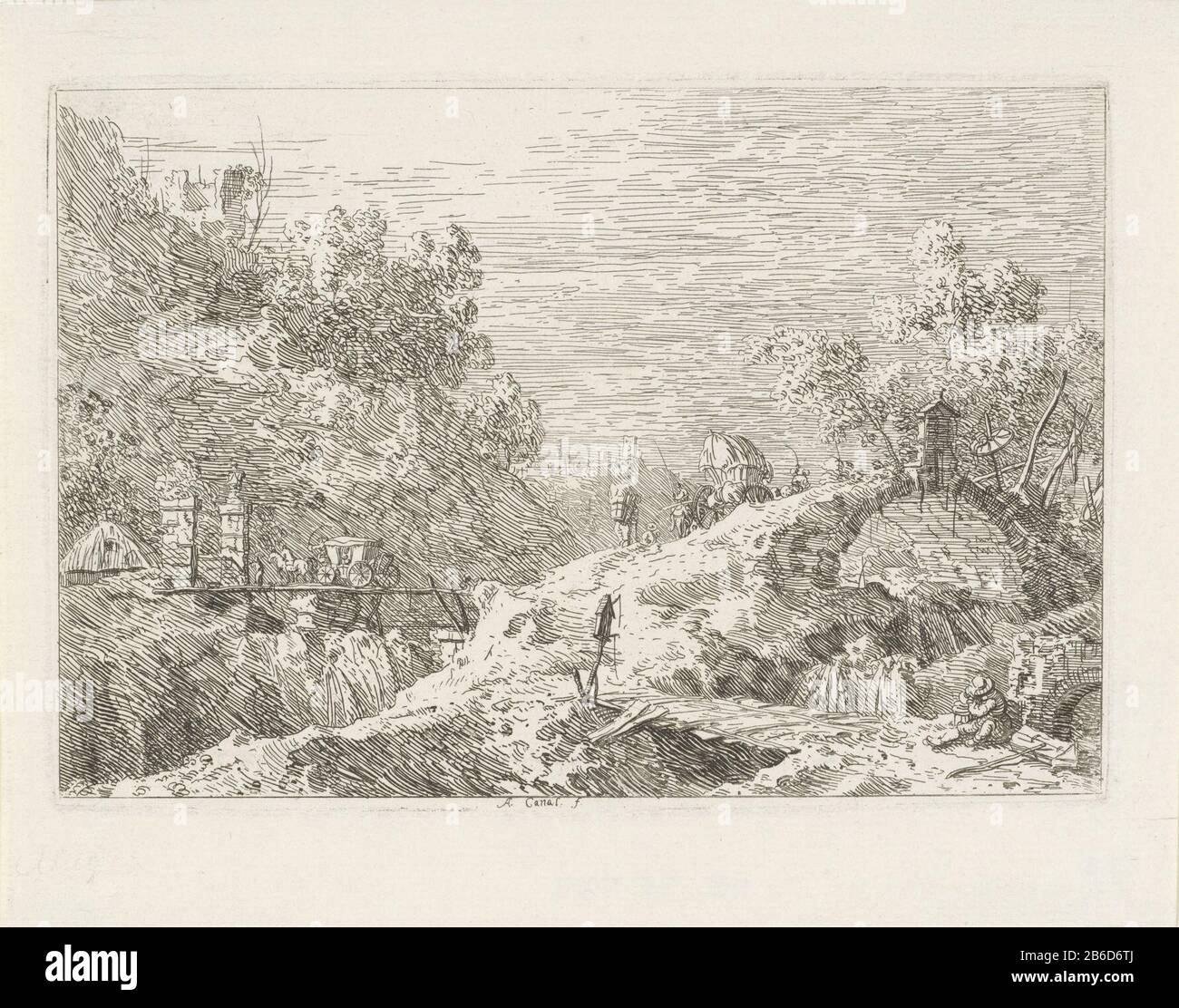 Mountain area with five bridges Faces on existing sites and fabricated (series title) Vedute altre prese da i Luoghi altre ideate Antonio da Canal (series title) A landscape with mountains. Between the mountains five small bridges and several figuren. Manufacturer : printmaker: Canaletto (listed building) in its design: Canalettoopgedragen to Joseph Smith Place manufacture: Venice Date: 1707 - 1768 Physical features: etching material: paper Technique: etching Dimensions: plate edge: H 144 mm × W 210 mm Subject: (high) hill bridge Stock Photo