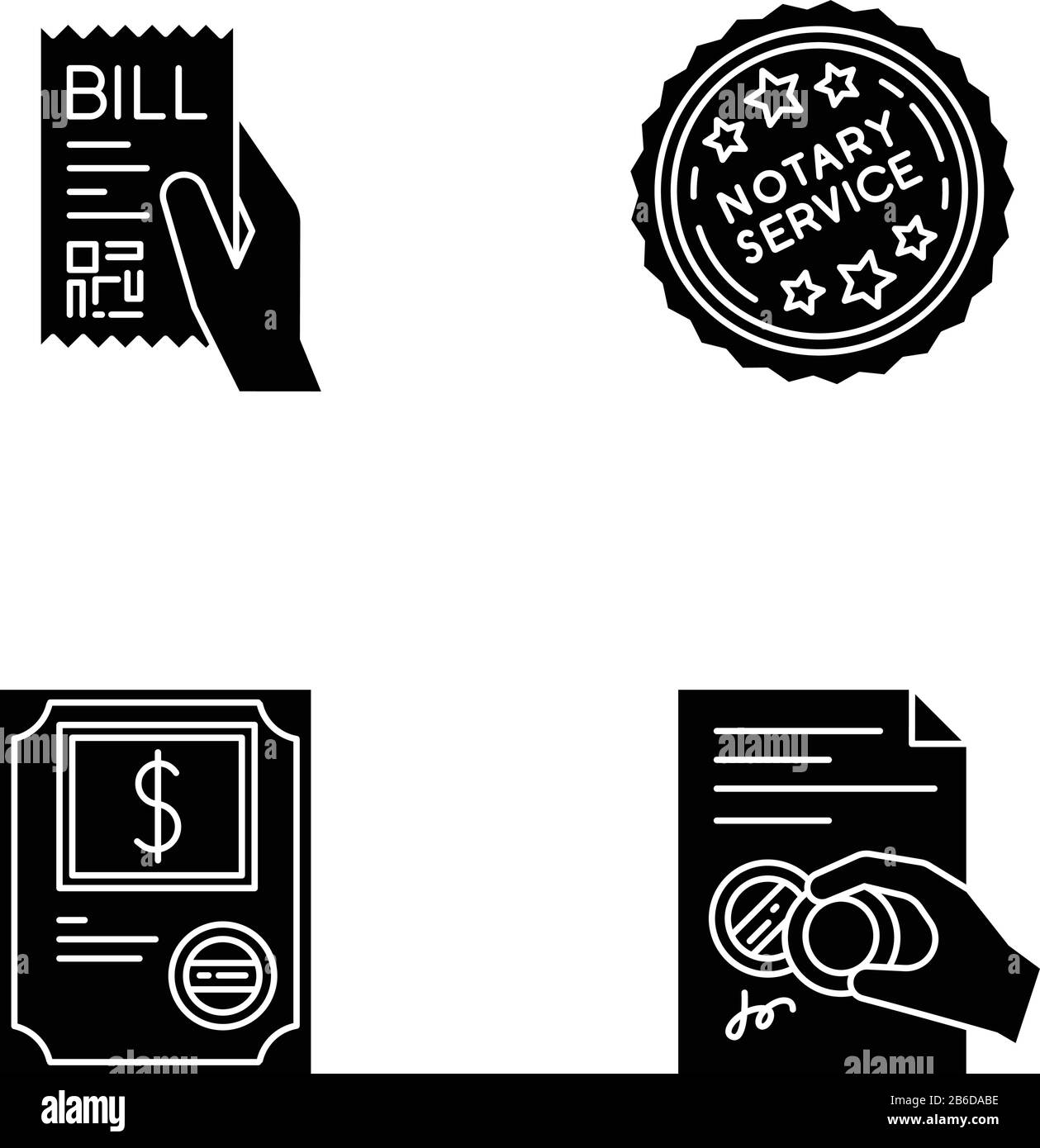 Notary services black glyph icons set on white space. Apostille and legalization. Stock certificate. Bill, receipt. Purchase confirmation. Stamp Stock Vector