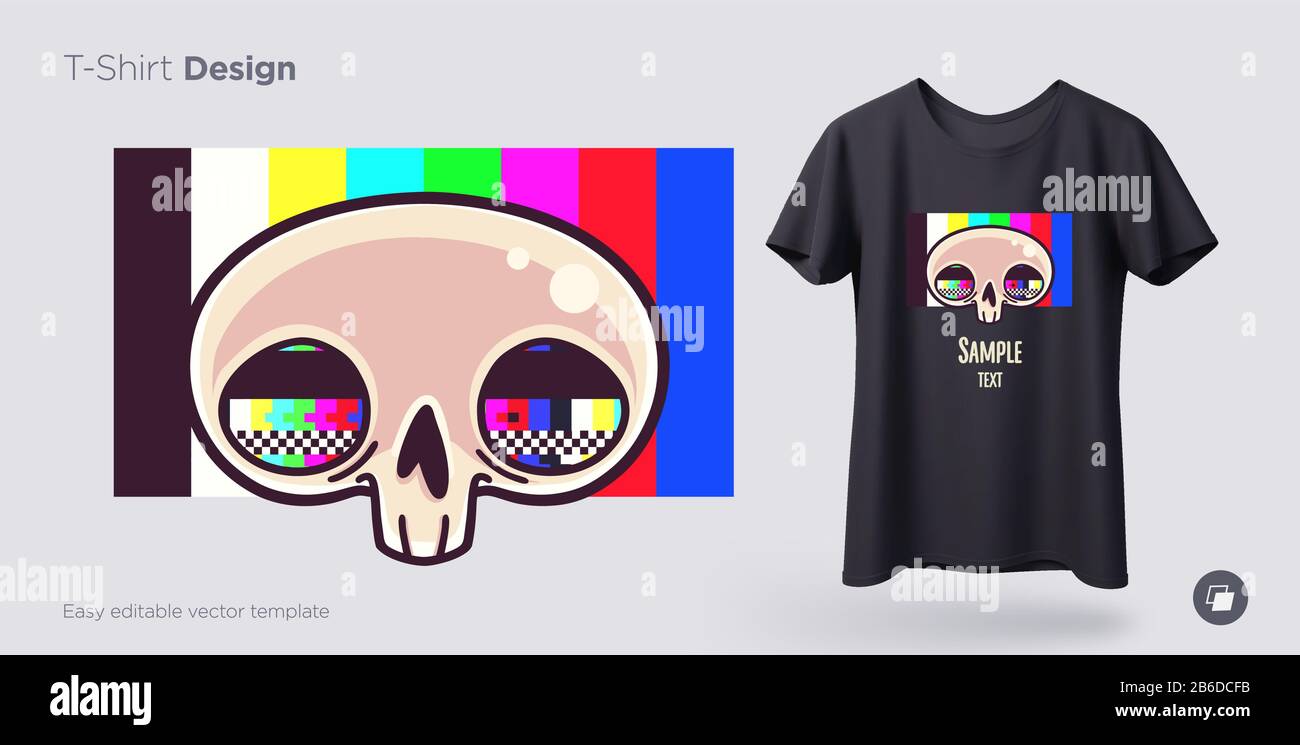 Skull with tv grid t-shirt design. Print for clothes, posters or souvenirs. Vector Stock Vector