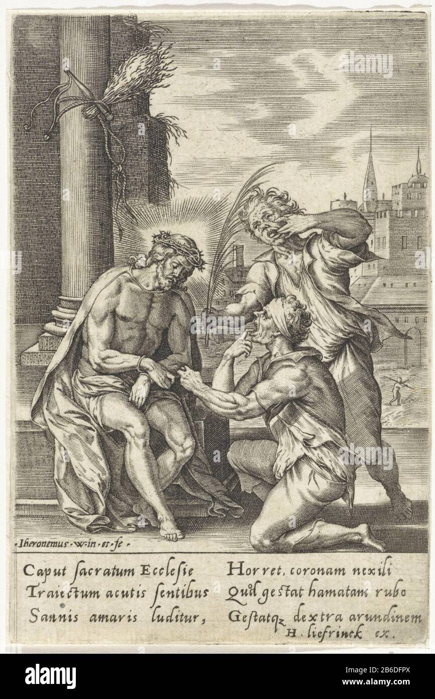 The ropes shackled Christ after his crowning with thorns, mocked by two Jews. On the pillar behind him to be bound to the lashes. In the margin of a six-line signature, in two columns, in the Latijn. Manufacturer : print maker: Hieronymus Who: rix (indicated on object) to a design of: Hieronymus Wierix (indicated on object) Editor: Hans Liefrinck (I) (shown on object ) Place manufacture: Antwerp Date: 1563 - for 1573 Physical features: car material: paper Technique: engra (printing process) Dimensions: sheet: h 125 mm × W 84 mm Subject: in Caiaphas' palace Christ is mocked by Jews (Matthew 26: Stock Photo