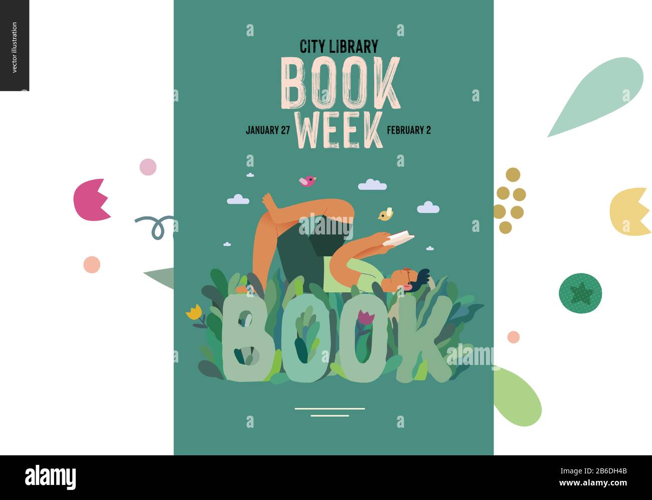 World Book Day graphics, poster grass book week events. Modern flat