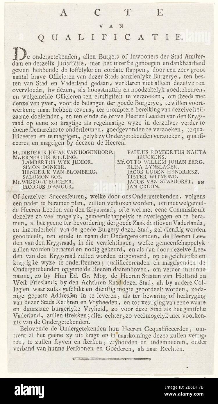 Unauthorized Explanation of the commissioners of the middle class, 1787 Qualification Act (Title on the object) Text Leaf with the Act of Qualification or certificate Where: in a number of Amsterdam Patriot citizens was authorized a request submit to the court martial of the city, nine new councilors to choose the place of those by the bourgeoisie on april 21, 1787 from the council were verwijderd. Manufacturer : publisher: anonymous place manufacture: Amsterdam Date: 1787 Physical features: text printing material: paper Technique: letterpress dimensions: sheet: h 265 mm × W 150 mm Subject: Pa Stock Photo