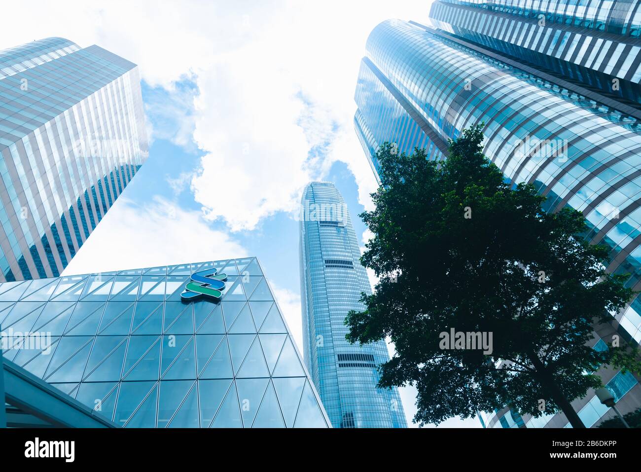 skyscraper building in Hong Kong, city view in blue filter Stock Photo ...