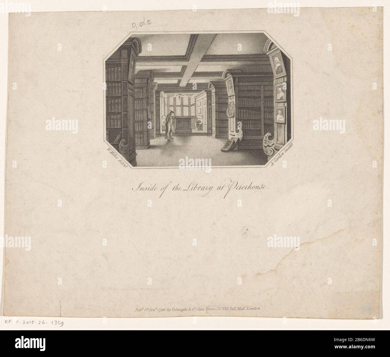 Library of Peterhouse at Cambridge Inside of the Library at Peterhouse (title object) on the sides of the bookcases hung portraits. The window is a man with a gown and baret. Manufacturer : printmaker: Antoine Cardon (listed property) to drawing: William Miller (listed building) publisher: Colnaghi & Co (listed property) Place manufacture: London Date: 1796 Physical characteristics: stippelets Material: paper Technique: stippelets Dimensions: sheet: 214 mm × h 265 mmToelichtingDeel b of a larger sheet. Above the library was originally an interior view of Peterhouse Chapel. Subject: public libr Stock Photo