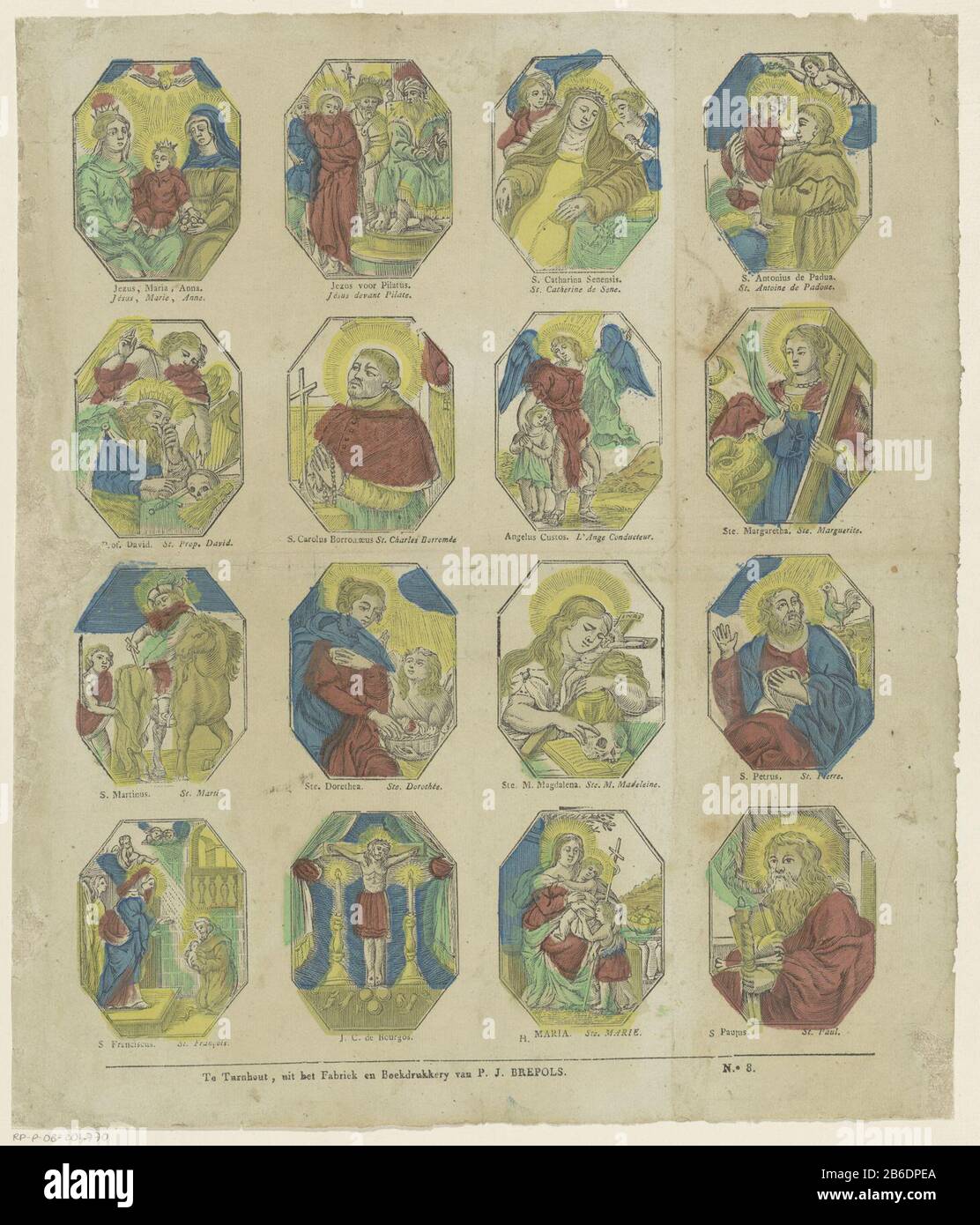 Bidprentjes Leaf with 16 prayer cards with depictions of saints and New Testament scenes Where: under St . Anthony De Padua, St. Maarten and St. Paul. Under each picture a caption in Dutch and French. Numbered bottom right: No. 8. Manufacturer : publisher: Philippus Jacobus Brepols (listed building) printmaker: anonymous place manufacture Turnhout Dating: 1800 - 1833 Physical features: woodcut colored in green, red, blue and yellow; text printing material: paper Technique: woodcut / colors / printing sizes: sheet: H 392 mm × W 337 mm Subject: Saint female saint Stock Photo