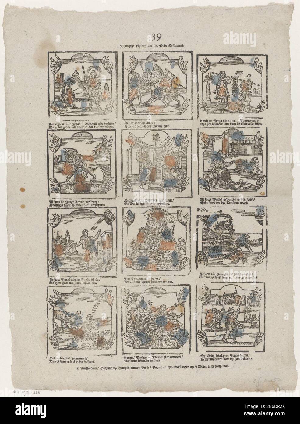 Biblical figures uyt the OT (title object) Sheet with 12 performances of stories from the Old Testament, such as Samson and the lion and Jonah thrown on dry land. Under each image a two-line verse. Allocated at the top center: 39. Manufacturer : Editor: Henry van der Putte (indicated on object) print maker: anonymous location manufacture: publisher: Amsterdam Print Author: The Netherlands Date: 1761 - 1765 Physical characteristics: wood block colored in blue, yellow and orange; text printing material: paper Technique: woodcut / colors / printing sizes: sheet: H 420 mm × W 311 mm Subject: Old T Stock Photo