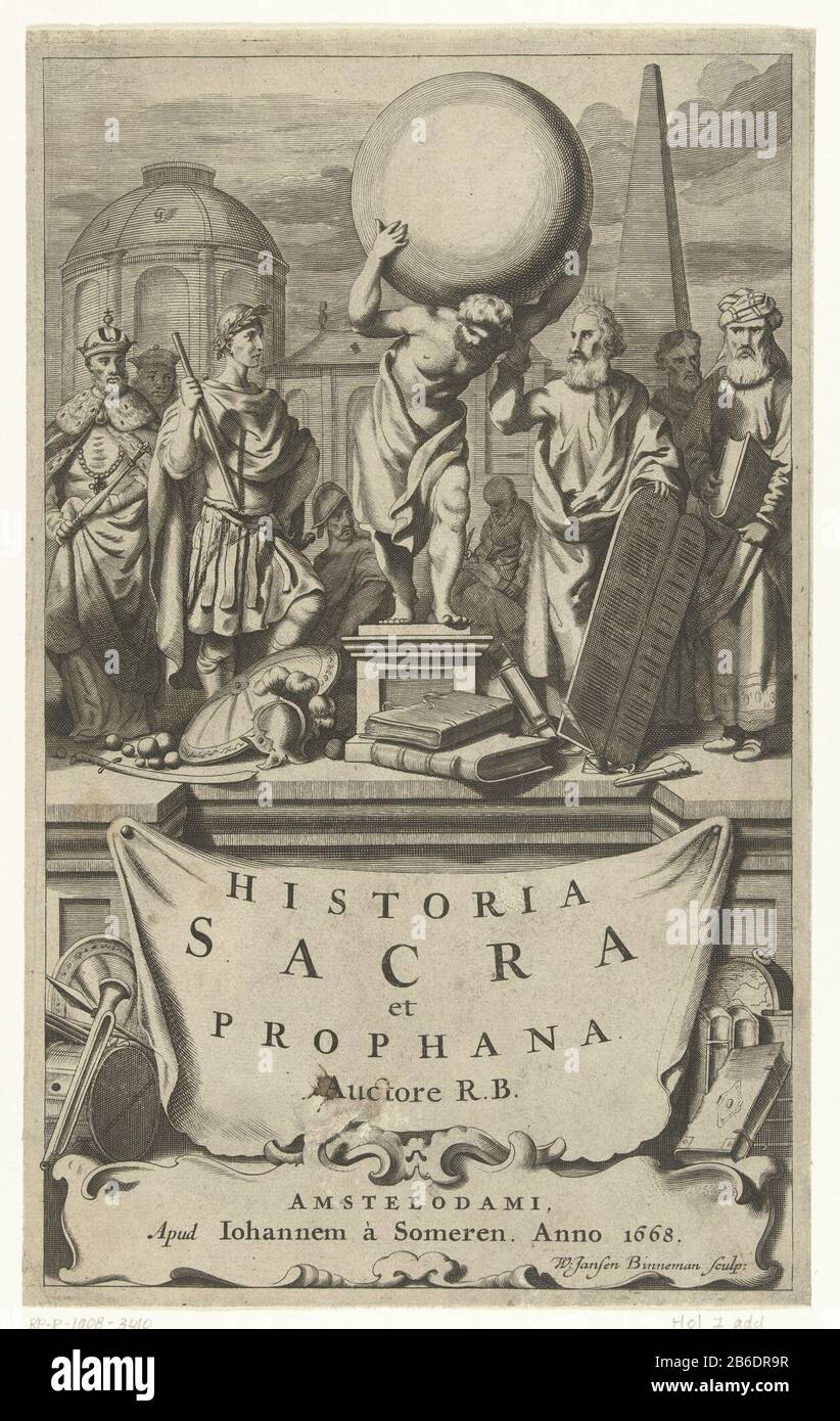 Biblical, mythological and historical figures with their attributes stand on  pedestal with Title Title page for RB Historia sacra et Prophana, Amsterdam  1668 Some characters in the book are placed in a