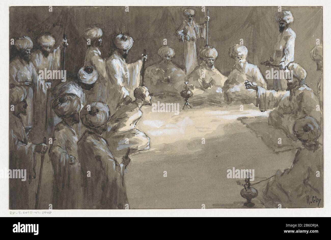Gathering of men a group of men sitting and standing in a circle. They wear long robes and turbans. On the right is a man on a rug. He sticks his thumb out. Opposite him sits a man, possibly a prisoner on his knees. A man standing beside him pushing him against his schouders. Manufacturer : artist: H.C. Louwerse (personally signed) Date: characteristics or 1910 Physical: brush in black and gray with white body over pencil material: paper finishing paint watercolor pencil technique: Brush dimensions: H 200 mm × W 310 mmToelichtingOntwerp for: marie, Pieter. Gleanings from the Thousand and One N Stock Photo