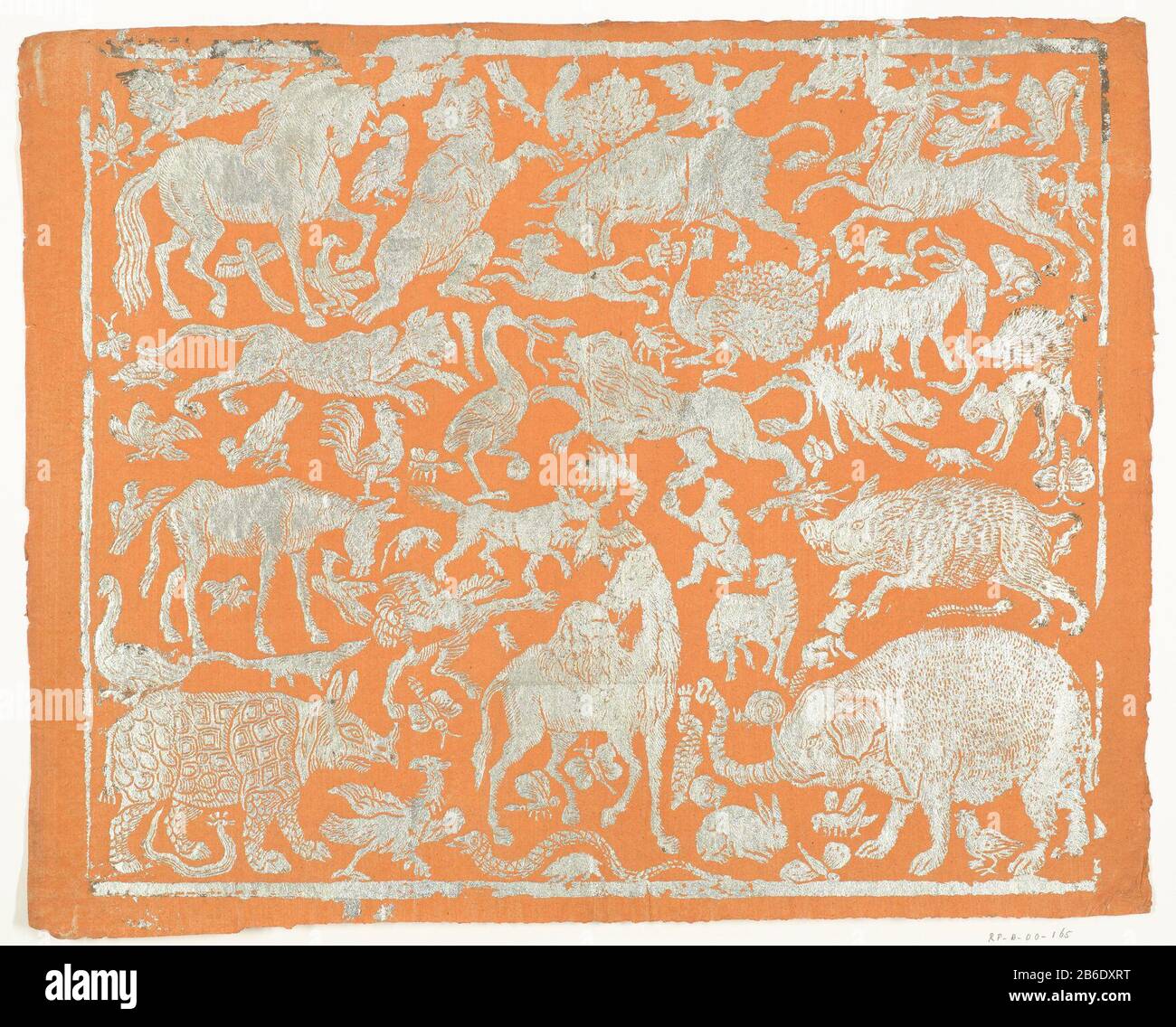 Sheet with animals Leaf with different animals; top left horse right deer, bottom left rhino, bottom right olifant. Manufacturer : Publisher: anonymous Date: 1750 - 1800 Physical characteristics: positive embossed in silver on one color coated paper in orange material: paper silver sheet metal paint technique: embossed dimensions: H 332 mm (complete sheet) × b 399 mm Subject: trunked animals: animals elephanthoofed: rhinocerosdieren Stock Photo