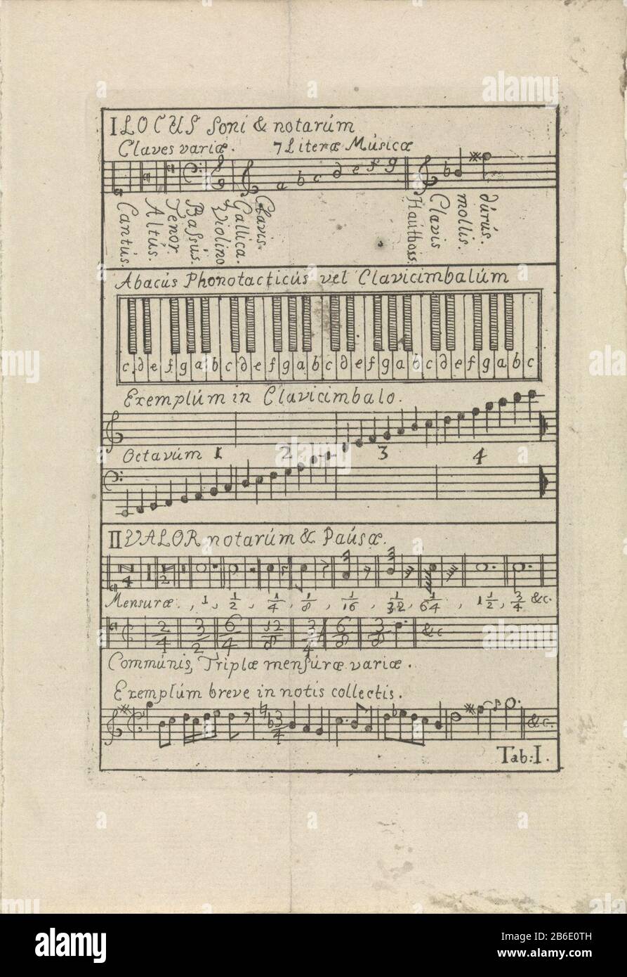 Sheet Tab I music from: Konrad Zumbach von Coesfeld, Institutiones Musicae, or Short onderwyzingen touching the practyk of the musyk; and in particular of the generaalen bass [...] together with the [...] grounds of composition, 1743. Bottom right: Tab. I. Manufacturer : print maker: anonymous publisher: Gerrit PotvlietPlaats manufacture: print maker: The Netherlands Publisher: Leiden Date: 1743 Physical characteristics: etching material: paper Technique: etching dimensions: plate edge: H 148 mm × W 103 mmToelichtingPrent of: Zumbach von Coesfeld, Konrad. Institutiones musicae, or Short onderw Stock Photo
