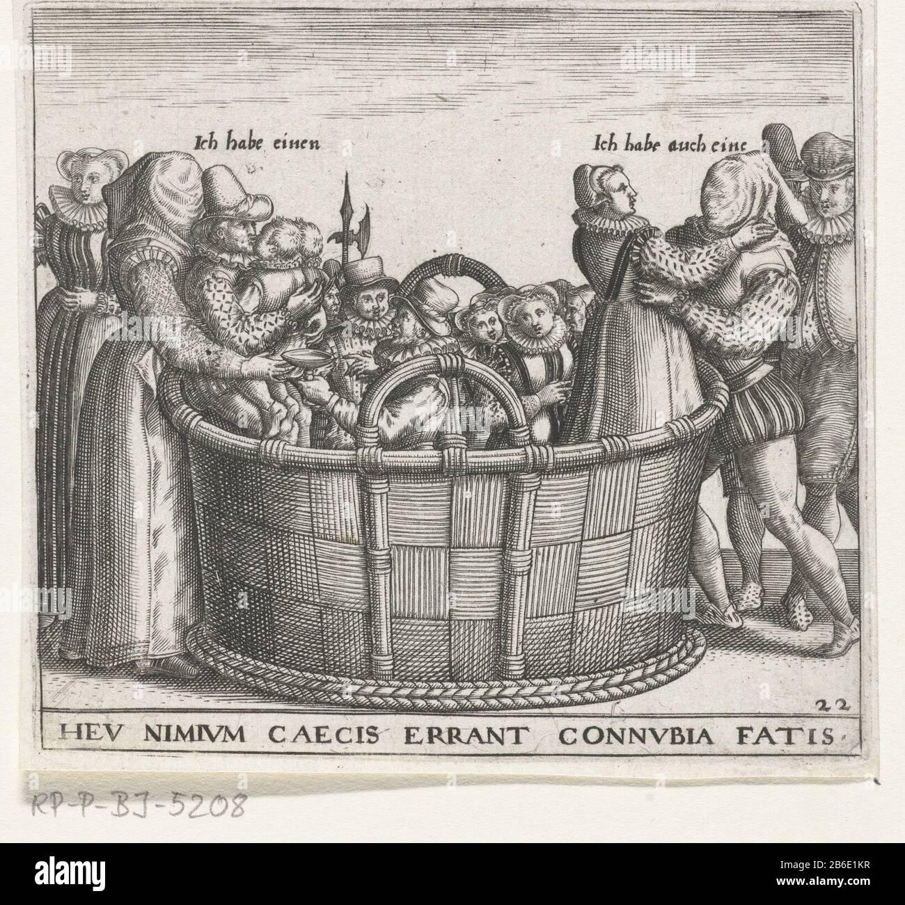 Blind choice for a spouse HEU NIMIUM VAECIS ERRANT CONNUBIA Fatis (title object) Emblemata Saecularia, 1596 (series title) In a large basket are men and women as potential suitors. Besides the basket are a man and a woman with a bag over their heads so they can not see the flaws of the suitors. They choose them blindly. The woman left pulls a widower from the basket holding two children in his arms. The man has the right to address a woman. Emblem No. 22 in Emblemata Saecularia, 1596 and No. 43 in the second edition of 1611. Manufacturer :.. Printmaker Johann Theodor de Brynaar print by: anony Stock Photo