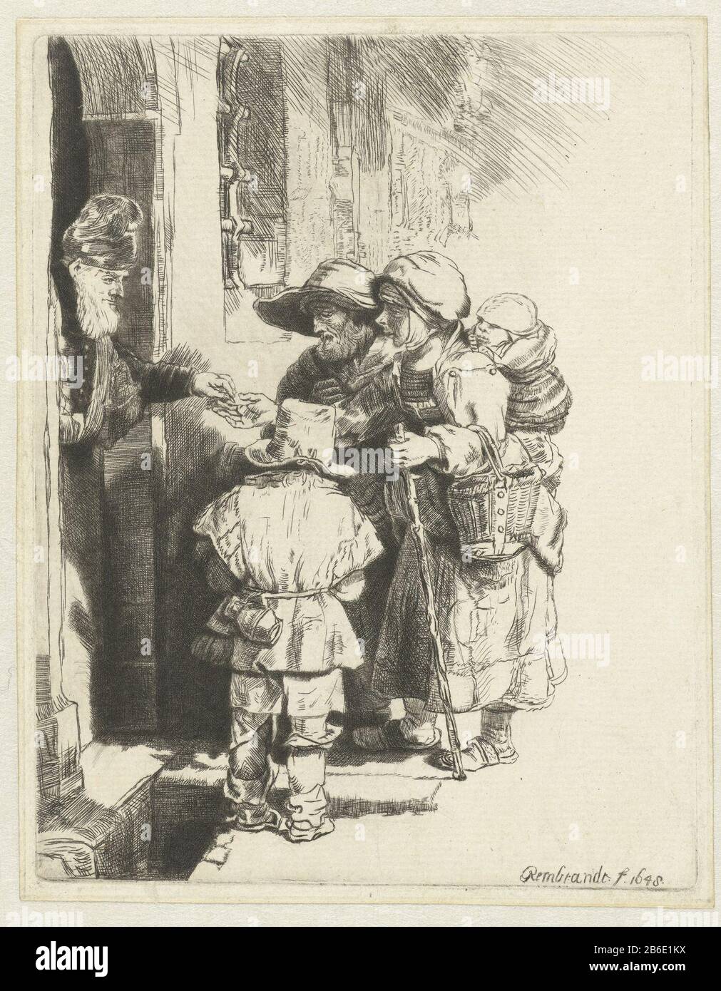Blind draailierspeler with family receives a handout at the door of a house Blind Hurdy Gurdy Player with family receives alms at the door of a house Object type: picture Item number: RP-P-OB-12.351Catalogusreferentie: New Hollstein Dutch and Flemish (Rembrandt text) 243-copy d Inscriptions / Brands: collector's mark , verso, stamped: Lugt 240 Manufacturer : printmaker William Baillie to print by Rembrandt van Rijn Date: 1733 - 1810 Material: paper Technique: etching / drypoint dimensions: plate edge: h 164 mm × W 126 mm Subject: hurdy-gurdy player - CC - out of by gi alms; collection and Stock Photo