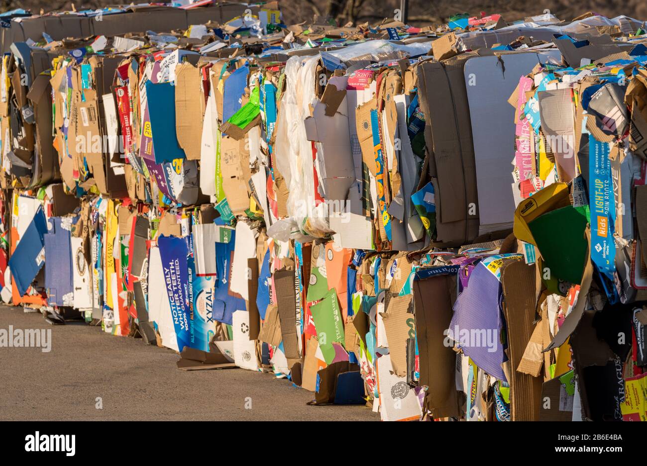 Morgantown, WV - 8 March 2020: Stacks of folded cardboard boxes behind Walmart's store and ready for recycling Stock Photo