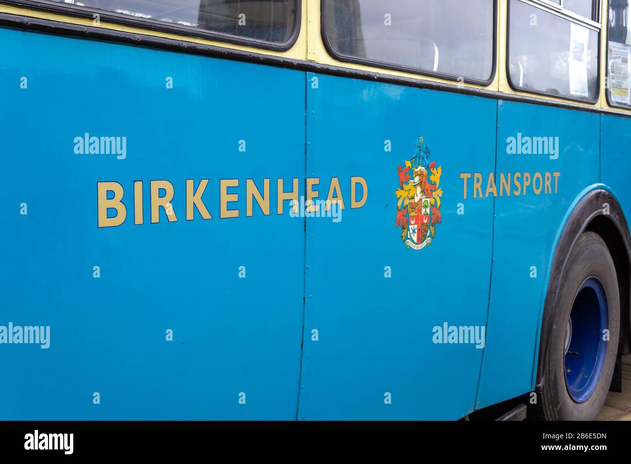 Birkenhead Transport logo, Leyland Titan PD2 bus on display at Wirral heritage fair, Birkenhead Stock Photo